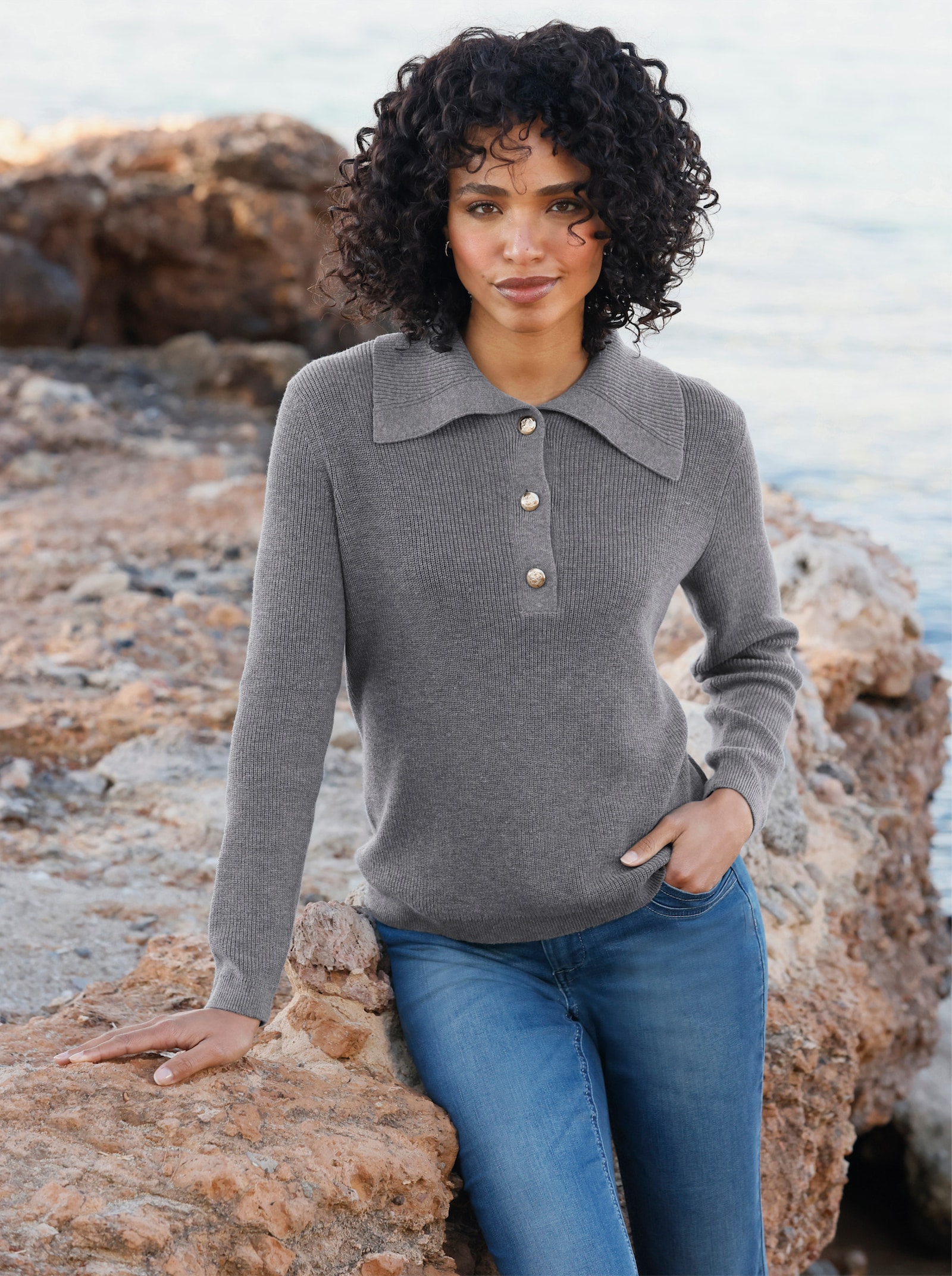 heine Langarm-Pullover mit Seitenschlitzen - grau-meliert