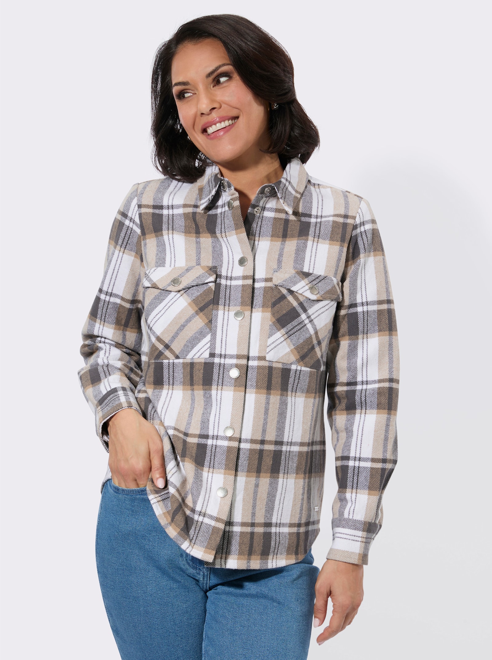 Flanellbluse im Karomuster - beige-anthrazit-kariert