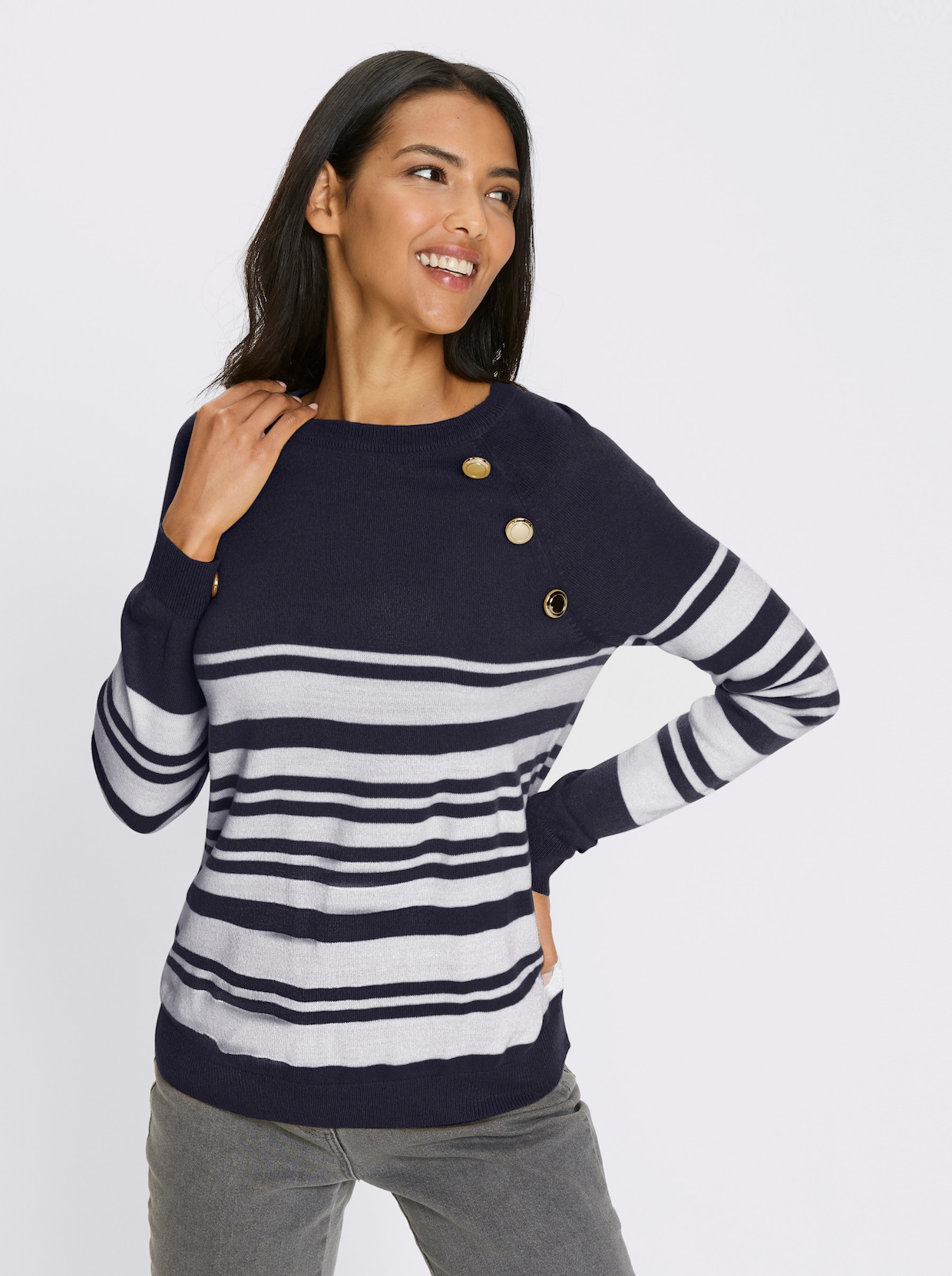 Langarm-Pullover - marine-weiß-geringelt