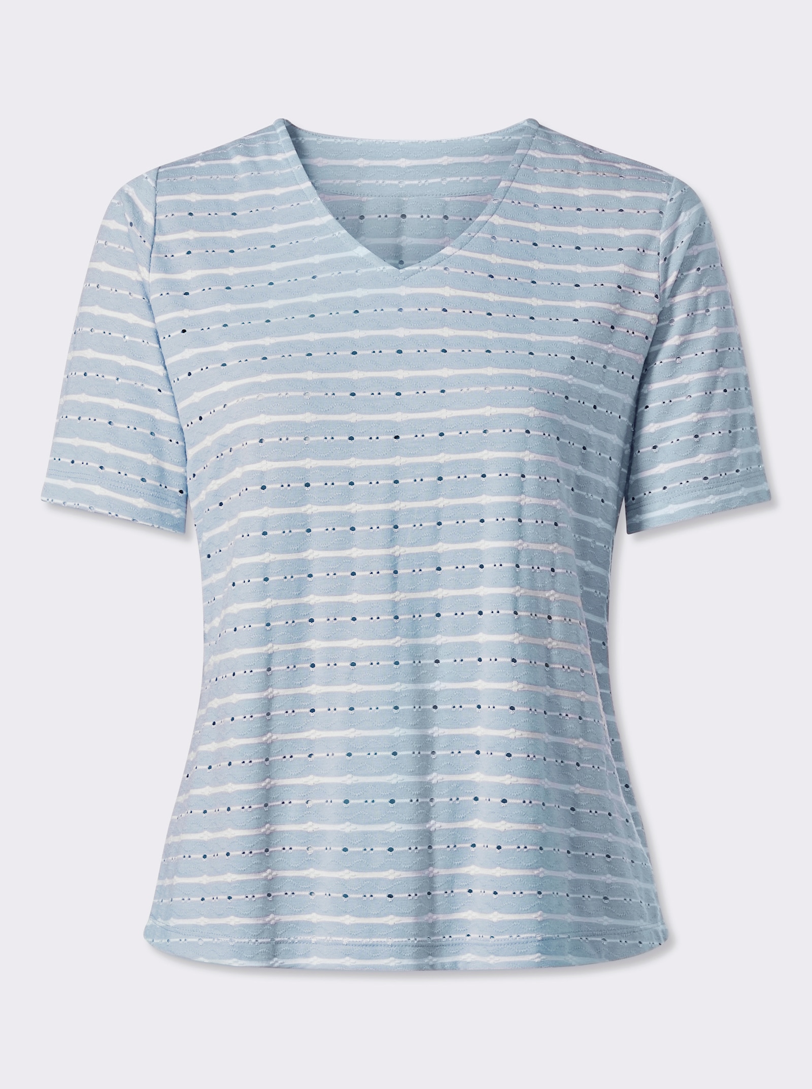 V-Shirt in Stretch-Qualität - ecru-hellblau-gemustert
