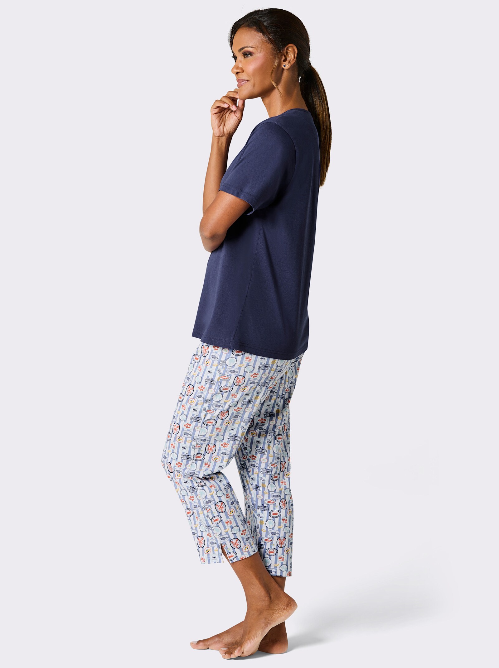 Comtessa Schlafanzug mit Caprihose - marine-hellblau-bedruckt