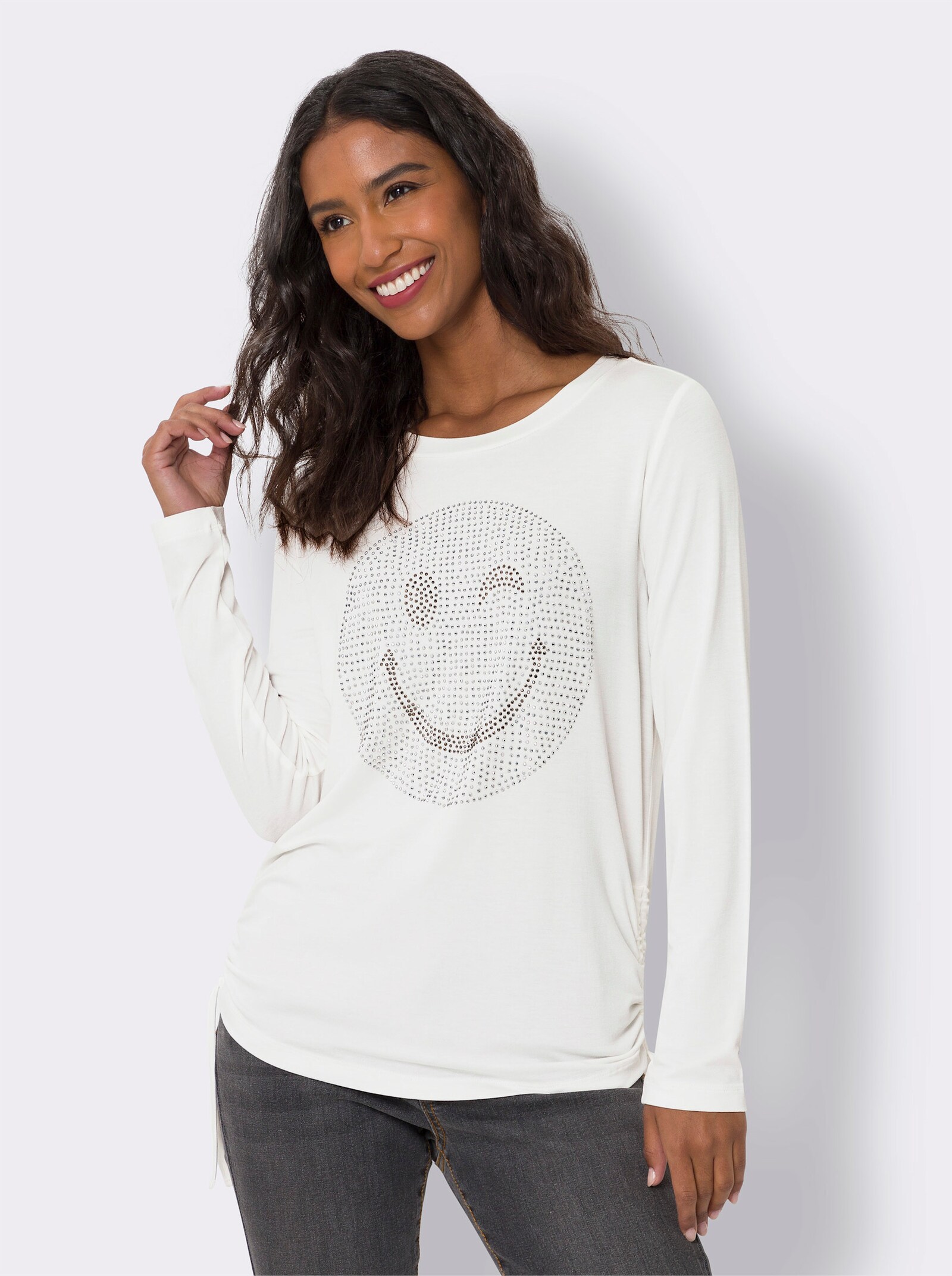 heine T-shirt à manches longues avec smiley en petites pierres brillantes - écru
