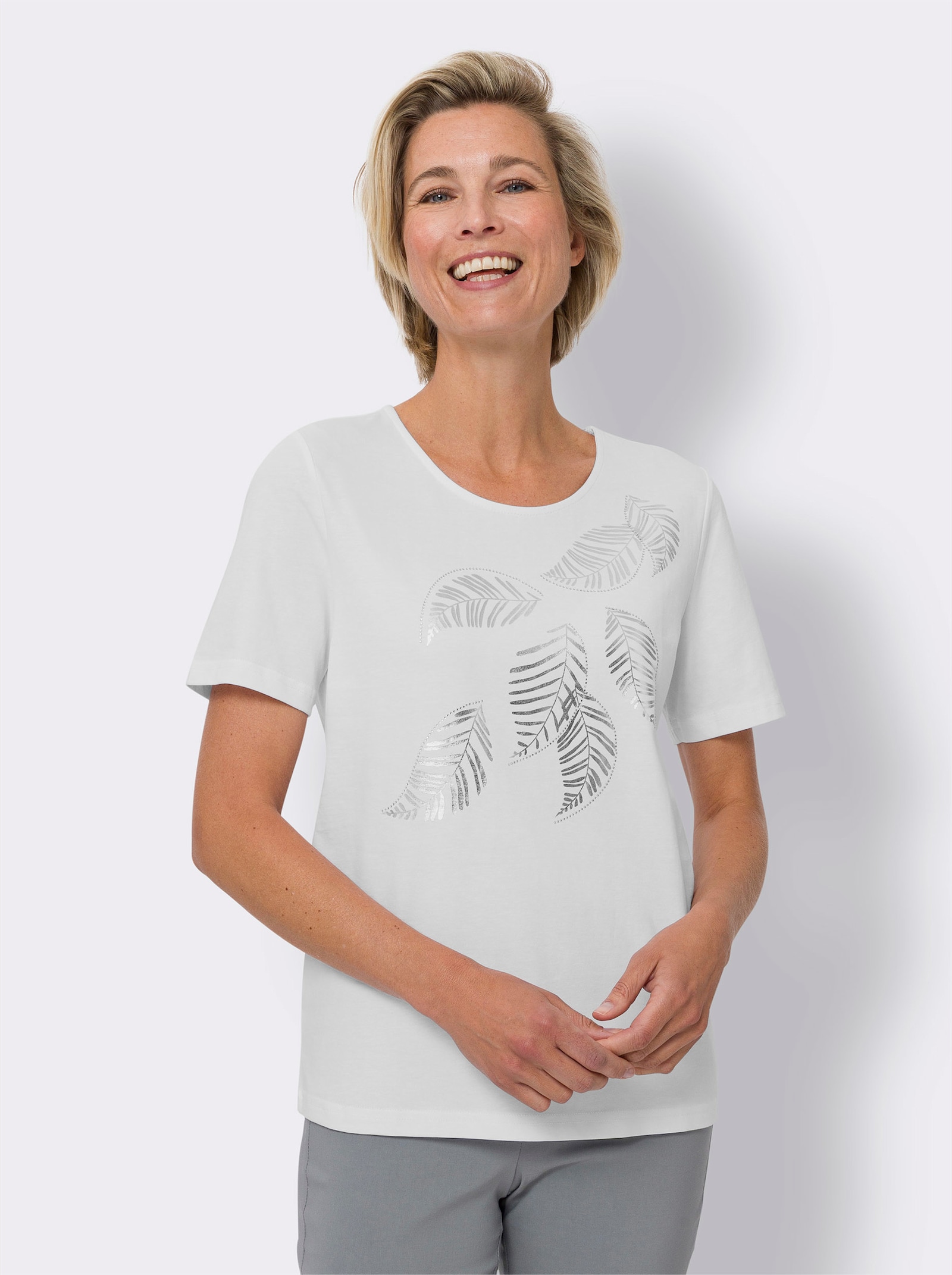 Kurzarmshirt im Blätter-Dessin - weiß
