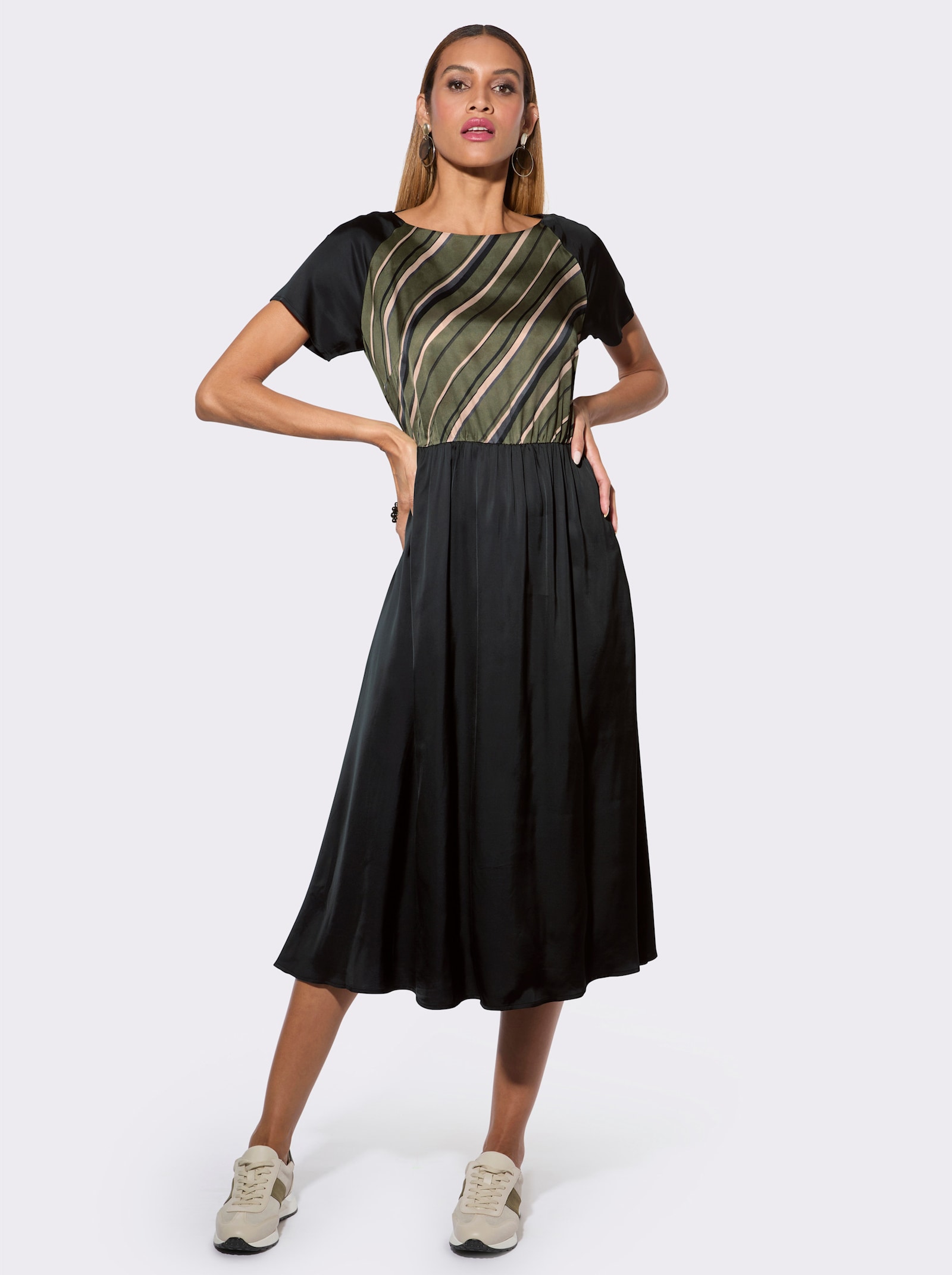 Webkleid mit Reißverschluss hinten - khaki-graphit-gestreift