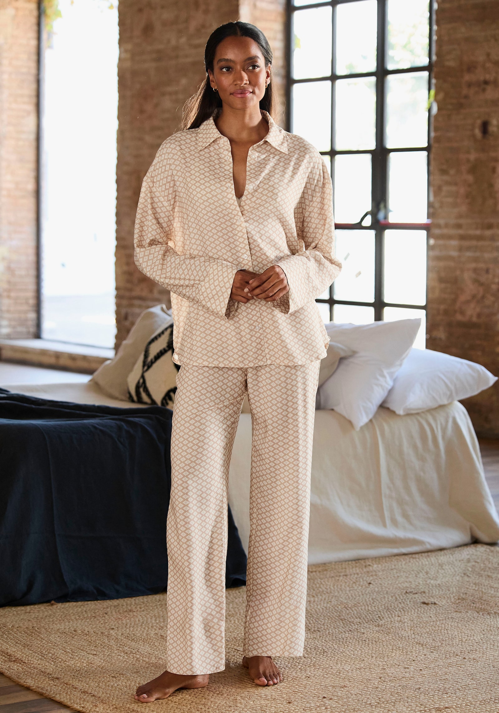 LASCANA Pyjamaoberteil - beige-weiß gemustert