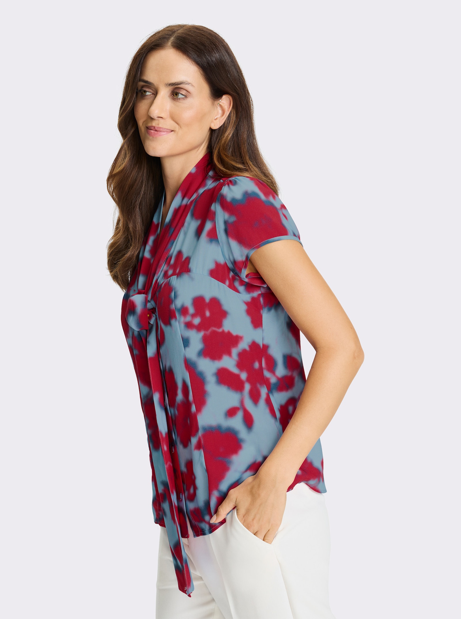 heine Kurzarm-Bluse mit Schluppe - erdbeere-eisblau-bedruckt