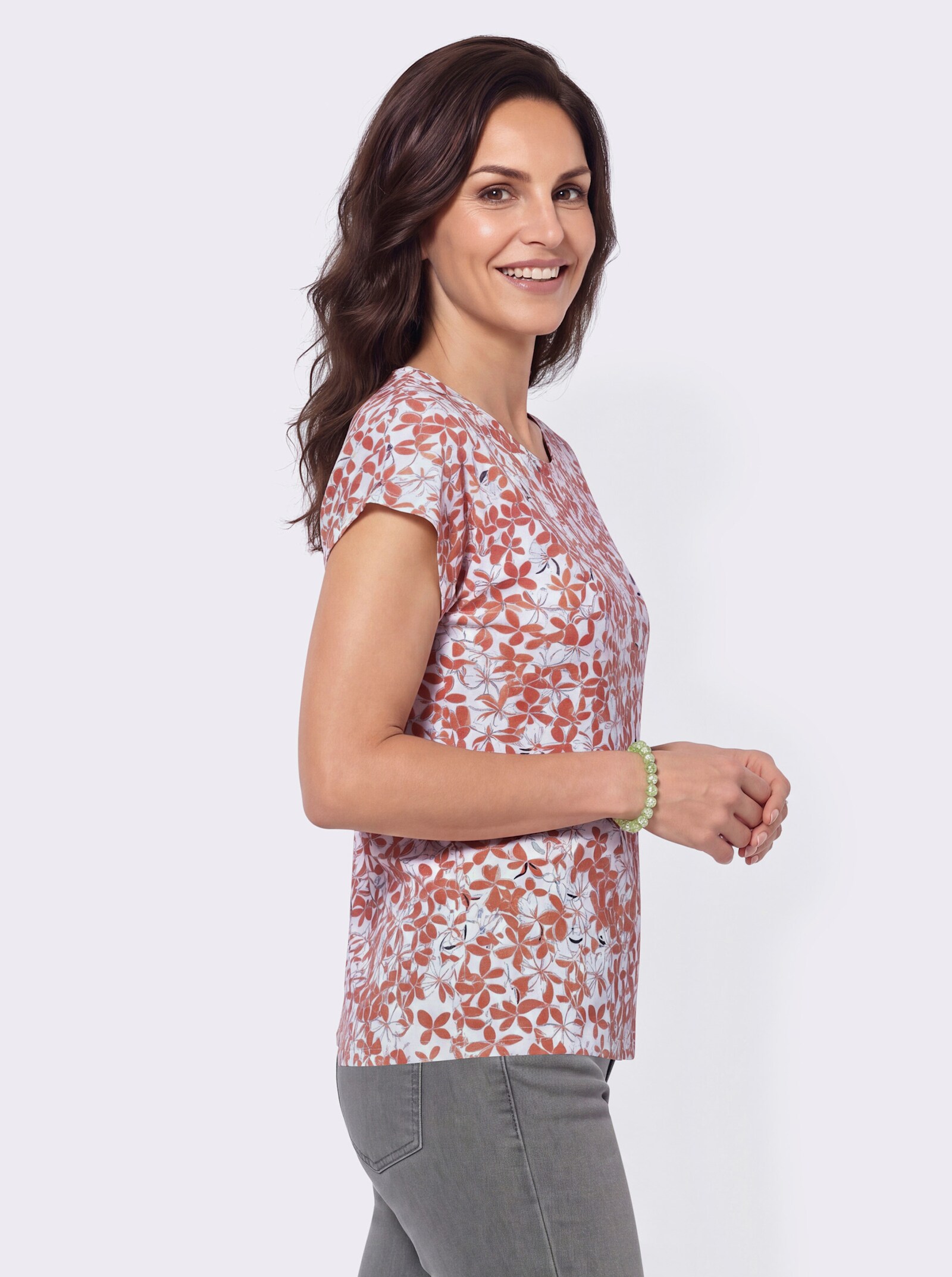 Rundhalsshirt mit überschnittenen Schultern - papaya-eucalyptus-bedruckt
