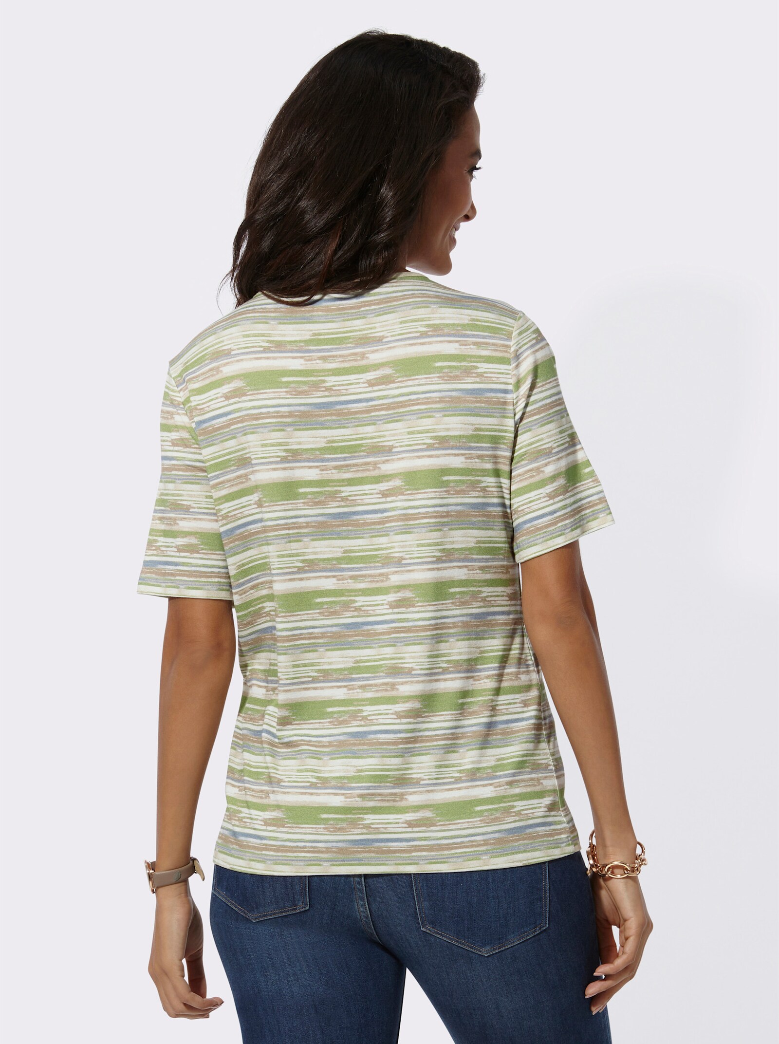 Kurzarmshirt im farbharmonischen Streifenmuster - eucalyptus-taupe-bedruckt