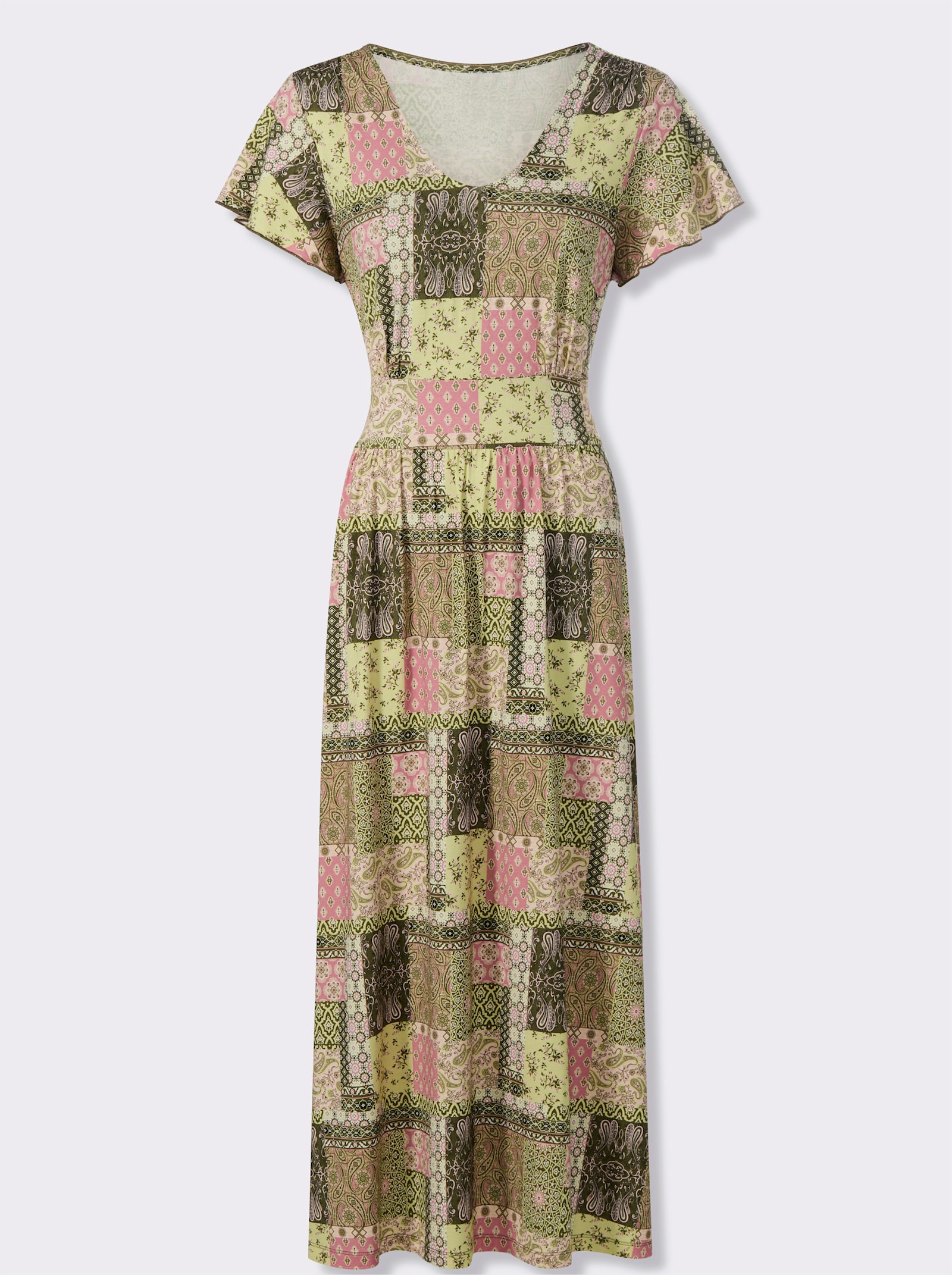 Jerseykleid mit gesmoktem Taillenband hinten - altrosa-oliv-bedruckt