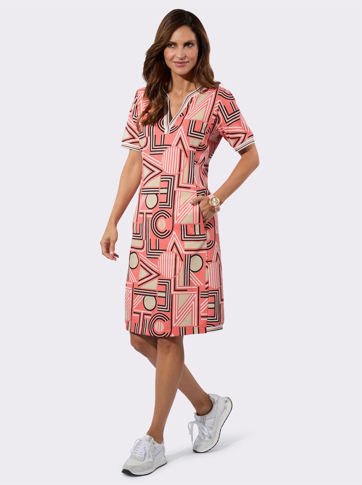 Jerseykleid - koralle-sand-bedruckt