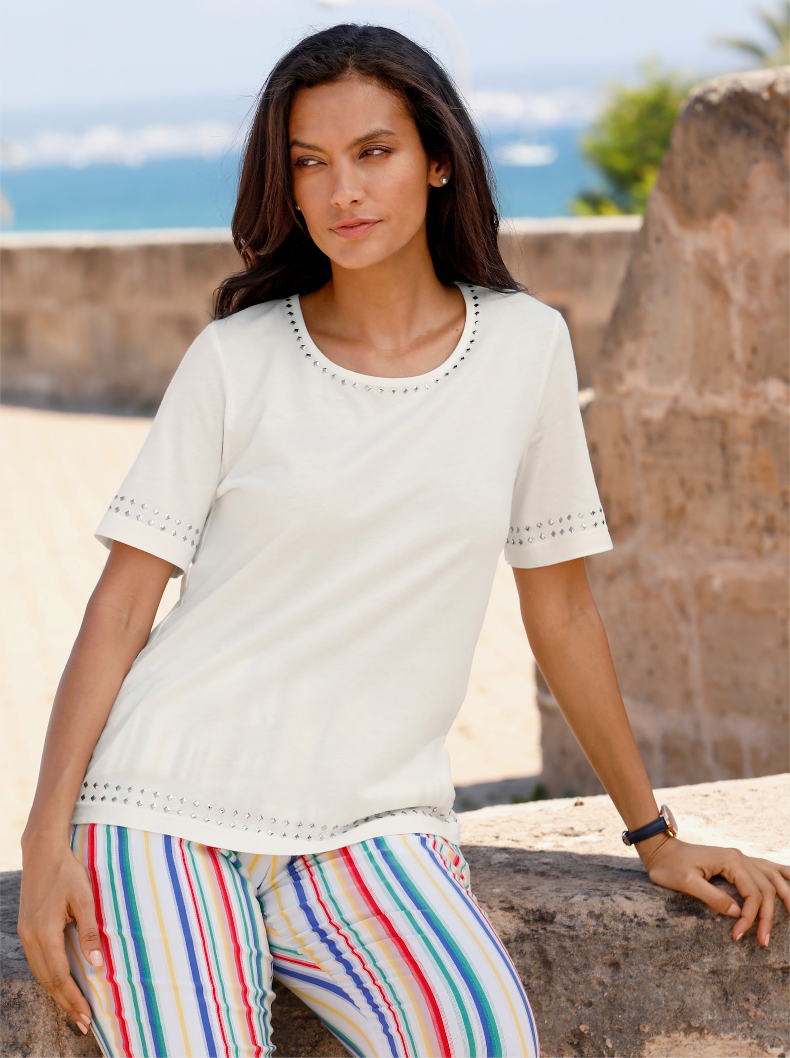 Shirt met korte mouwen en metalen siersteentjes - ecru