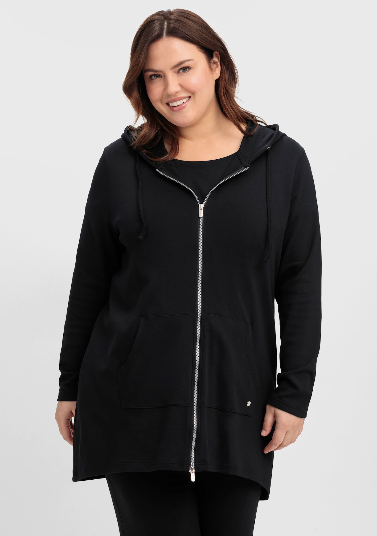 sheego Shirtjacke mit 2-Wege-Reißverschluss, Longform - schwarz