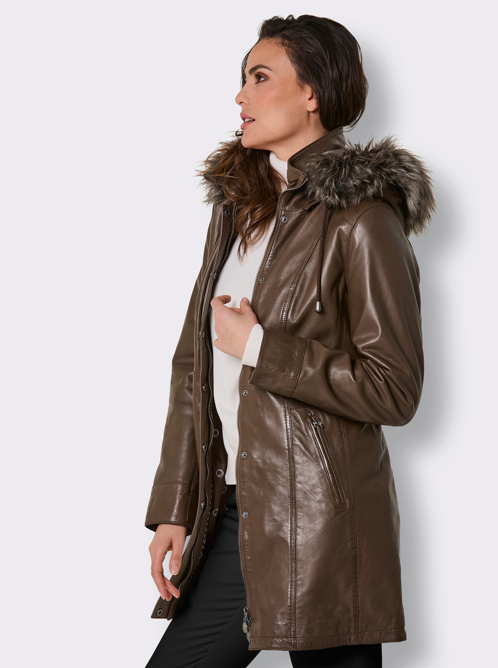 Mainpol Lederjacke mit Pelzimitat - braun