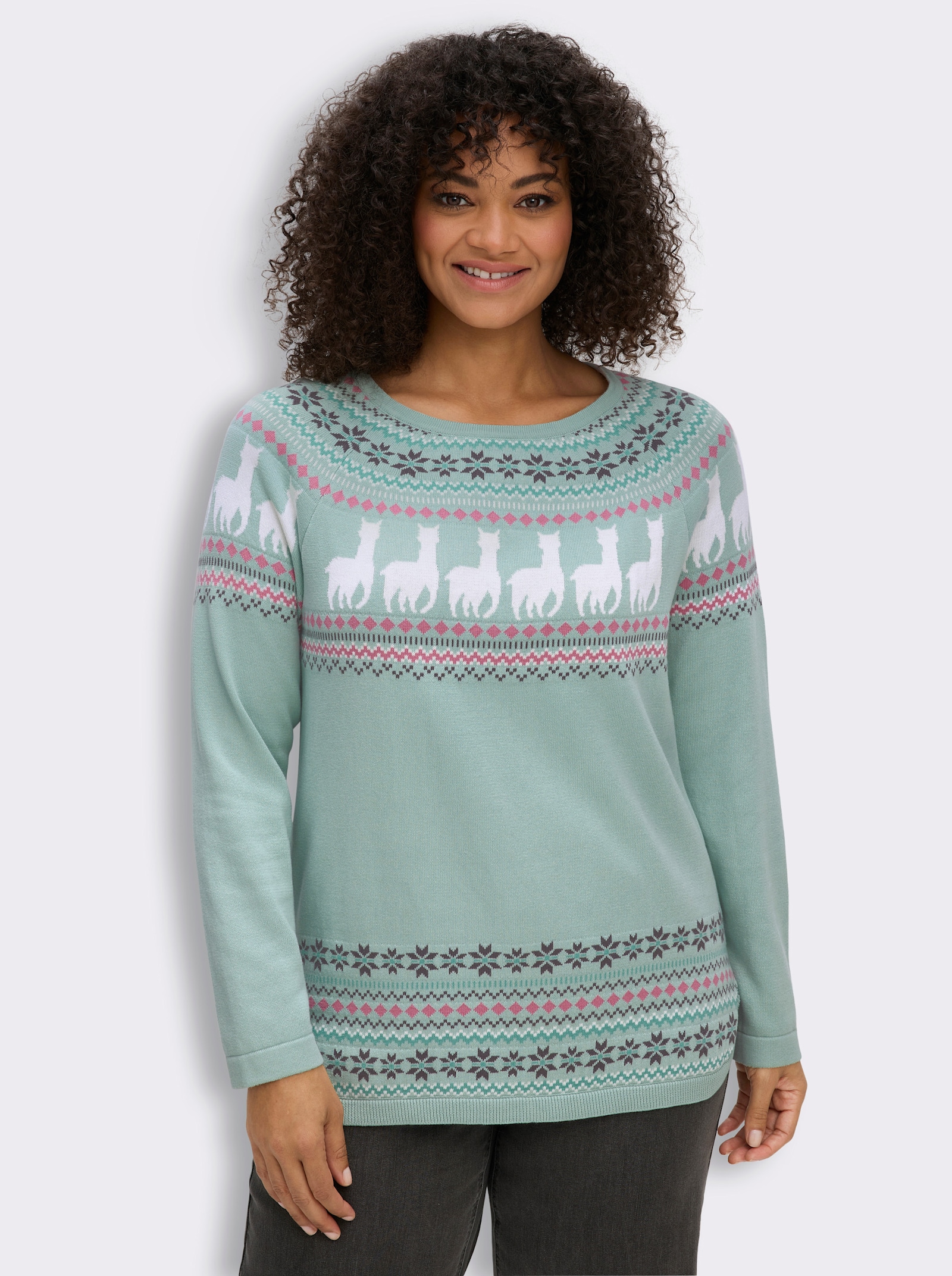 Langarm-Pullover mit Alpaka-Muster - kalkmint-ecru-gemustert