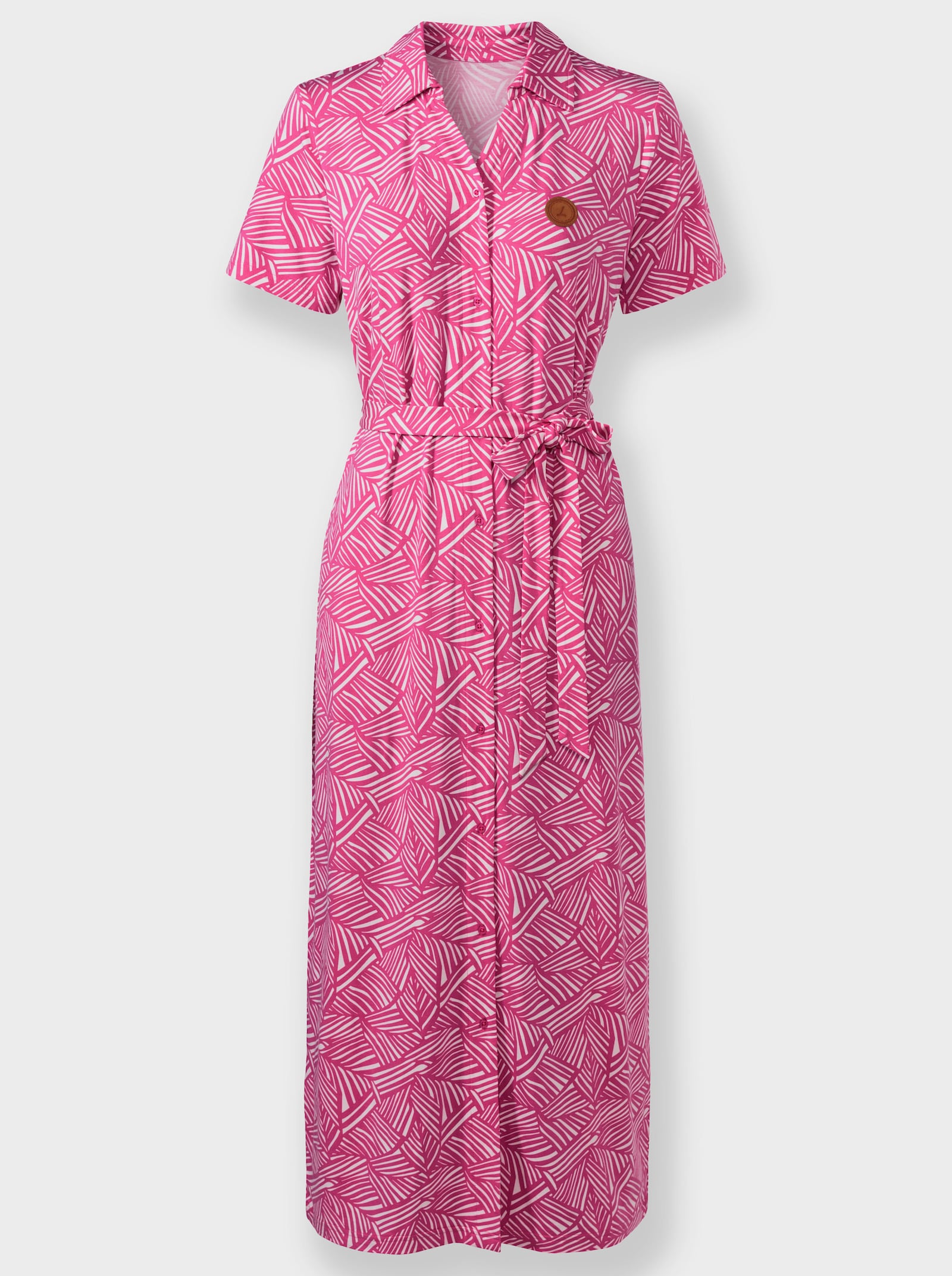 Jerseyjurk met bindceintuur - fuchsia/wit bedrukt