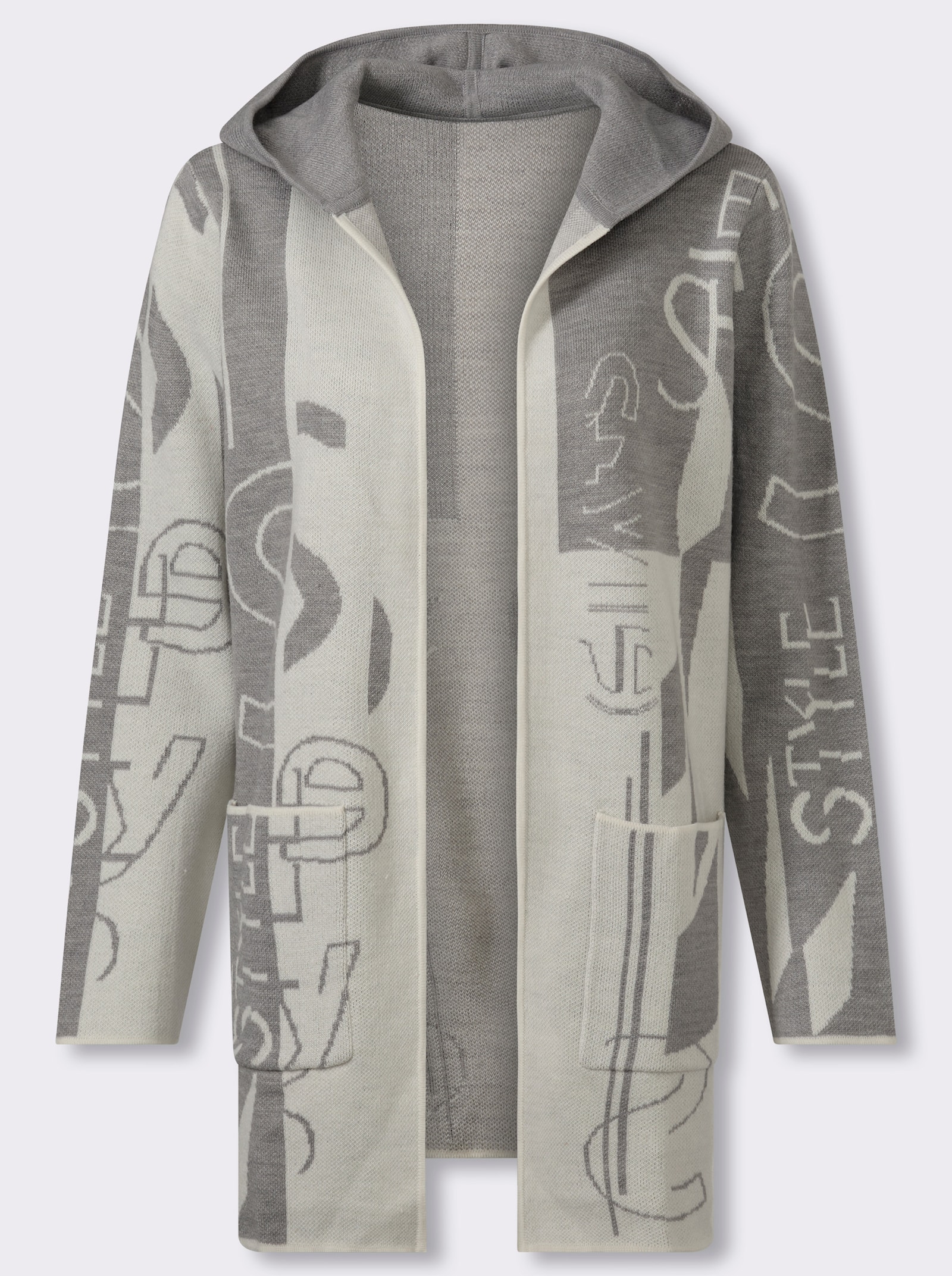 Longstrickjacke im Jacquard-Dessin - ecru-hellgrau-gemustert