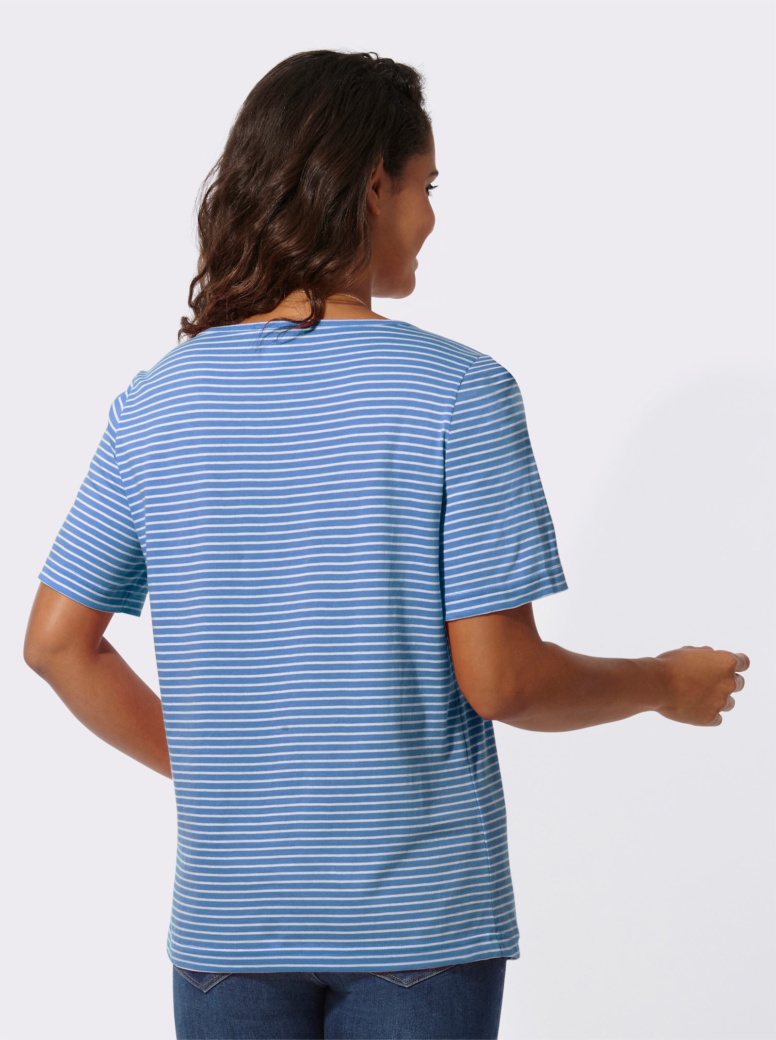 Ringelshirt mit kurzen Ärmeln - mittelblau-ecru-geringelt