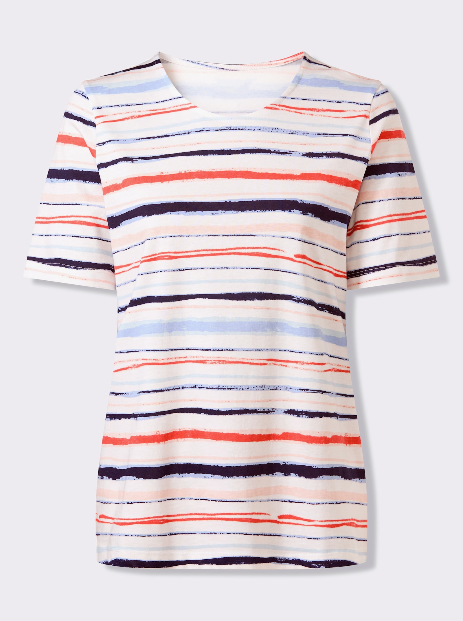 Tričko, okr. výstrih, pruhy - Svetlobéžovo-koralové pruhy