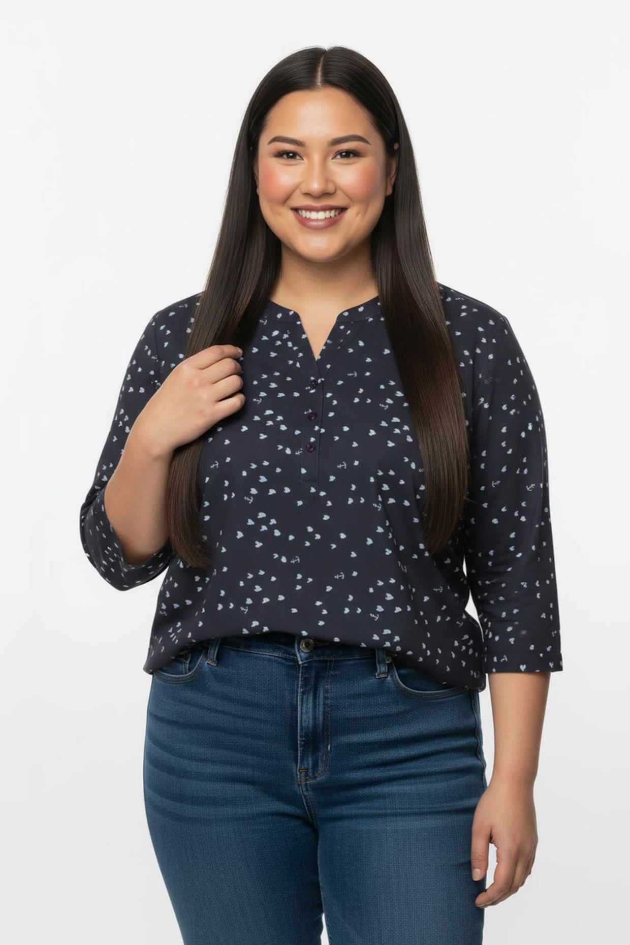 Schlupfbluse mit 3/4-Ärmeln - marine-ecru-bedruckt