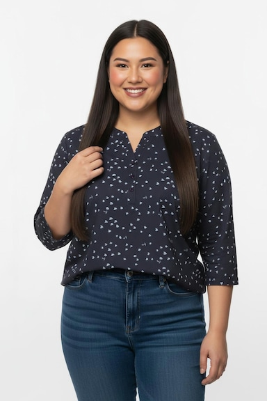 Schlupfbluse mit 3/4-Ärmeln - marine-ecru-bedruckt