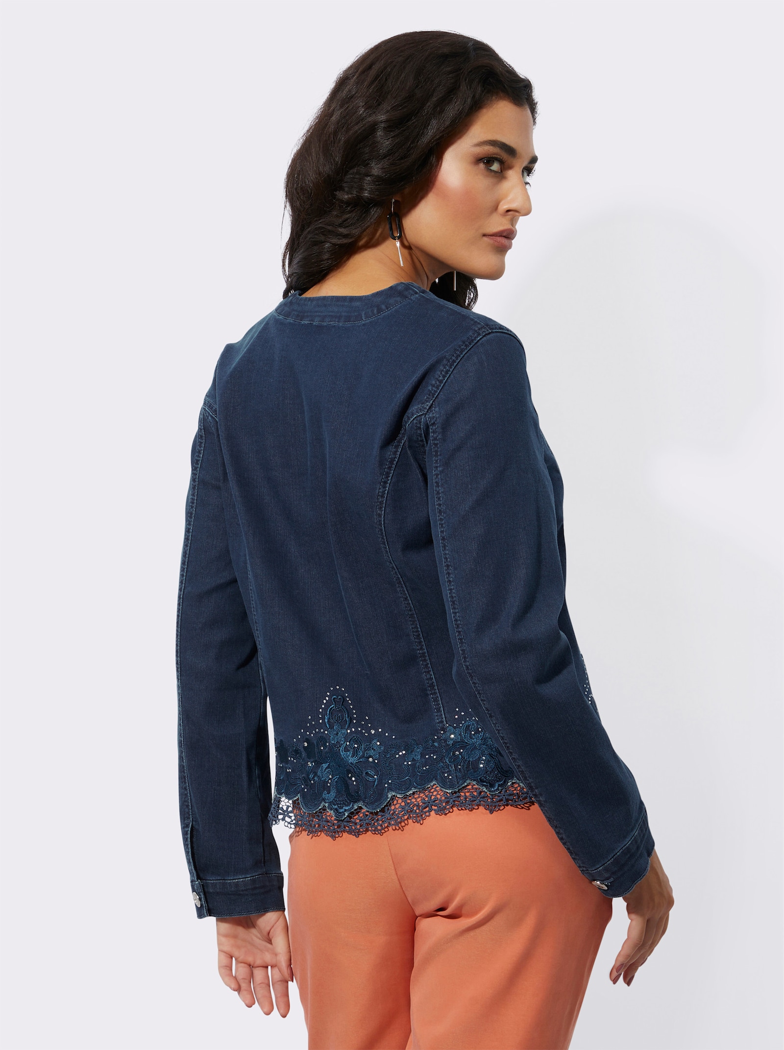  Jeansblazer mit Spitzenbordüre und Glitzersteinchen - blue-stone-washed