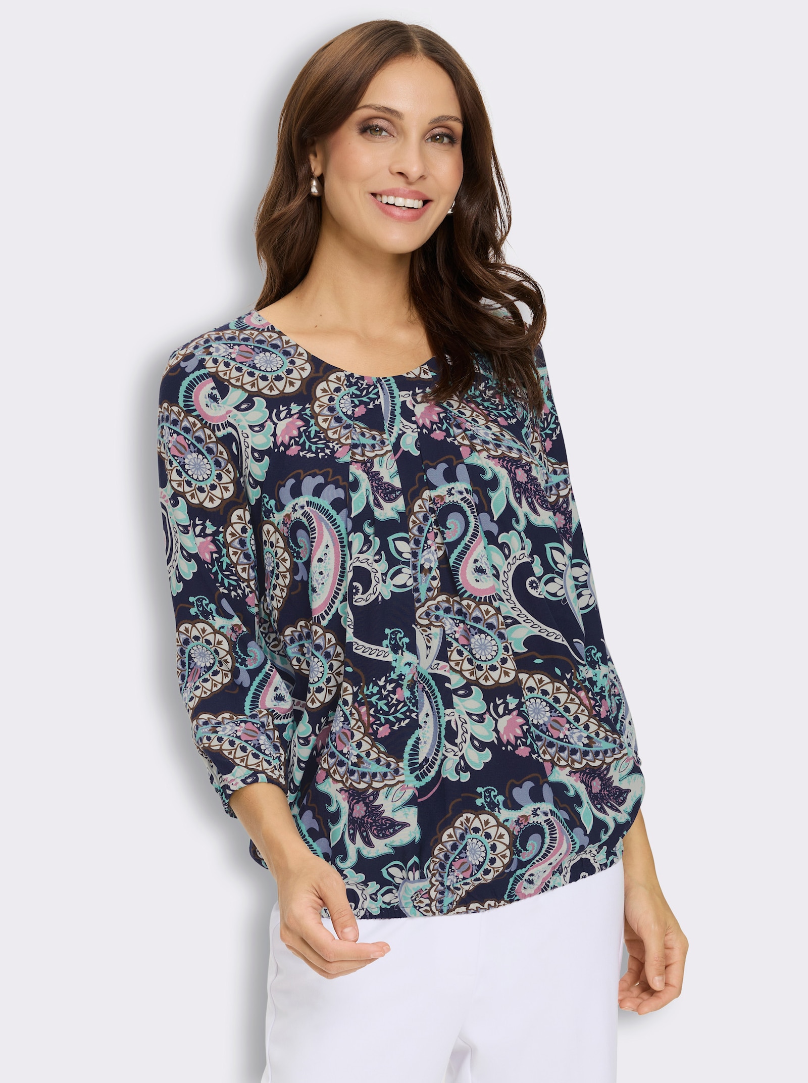 Druckbluse mit Gummibündchen - marine-bedruckt