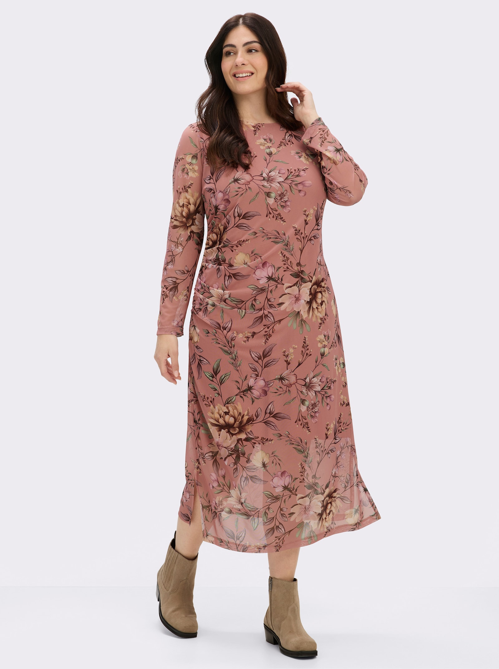 sheego Blumenkleid aus Mesh-Qualität - rosenholz-camel-bedruckt