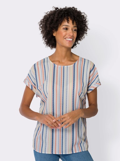 Schlupfbluse in Crêpe-Qualität - ecru-jeansblau-gestreift