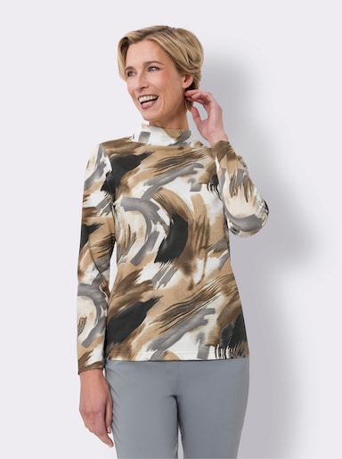 Stehkragenshirt mit Pinselstrich-Muster - ecru-camel-bedruckt