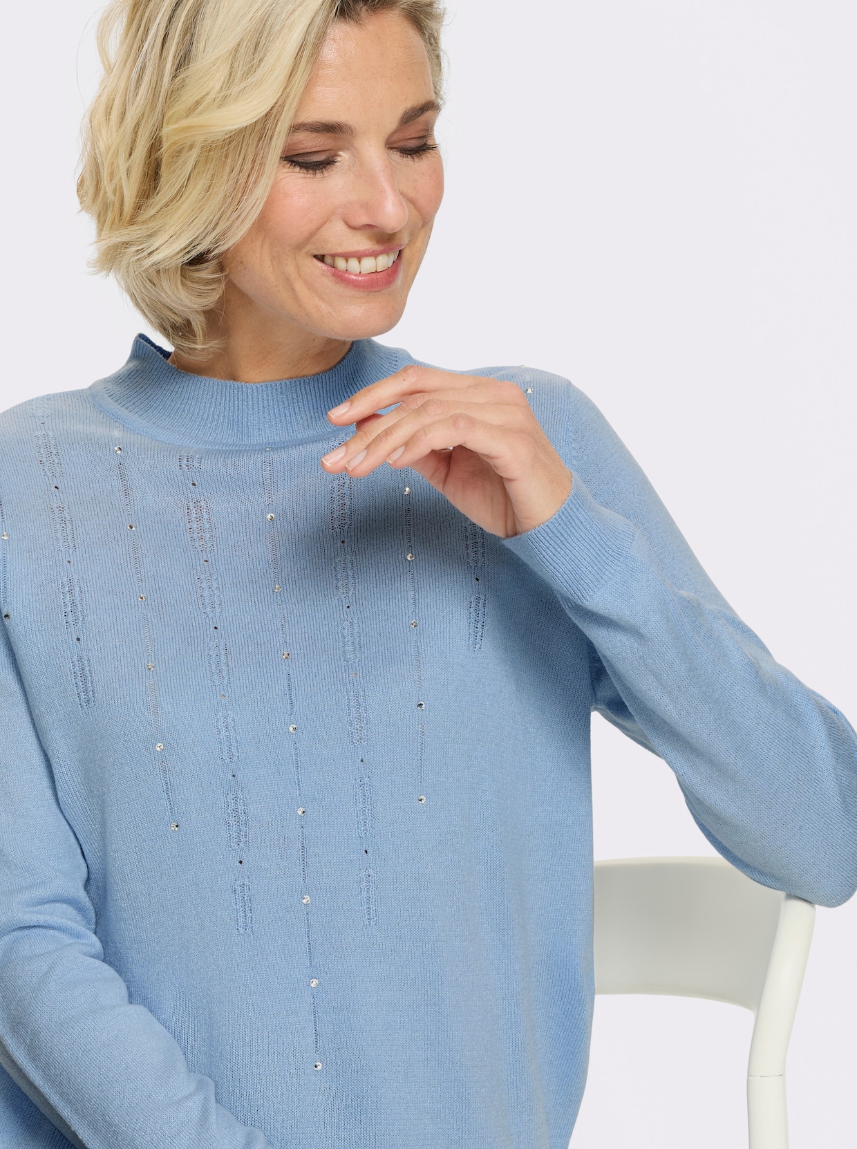 Pullover met opstaande kraag Fijntricot met glittersteentjes - ijsblauw