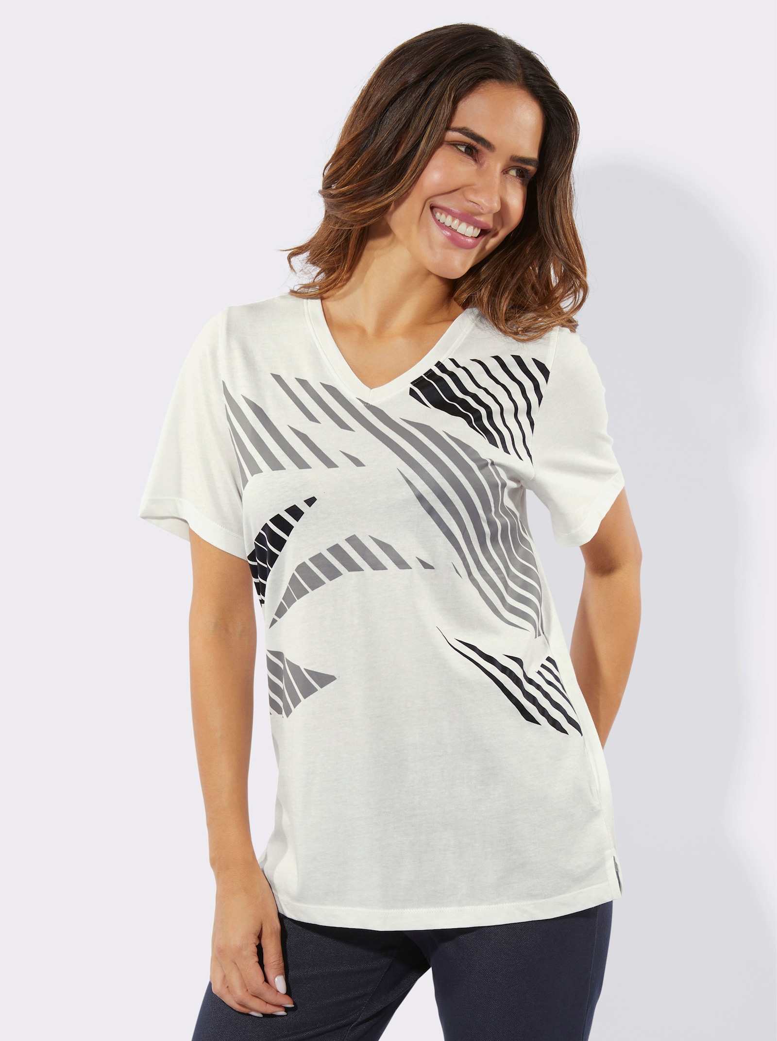 Freizeitshirt mit Seitenschlitzen - ecru-bedruckt