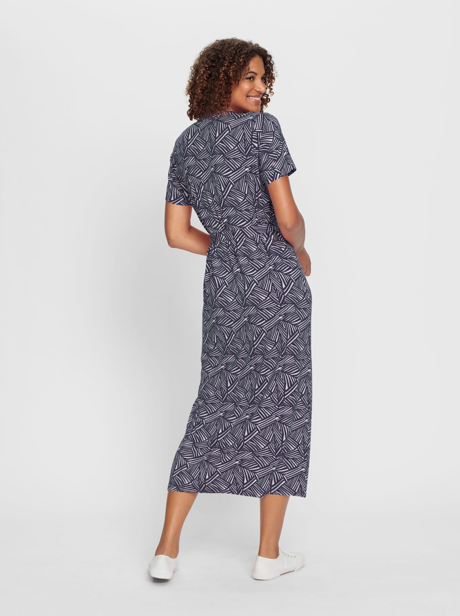 Jerseykleid inklusive Bindegürtel - marine-weiss-bedruckt