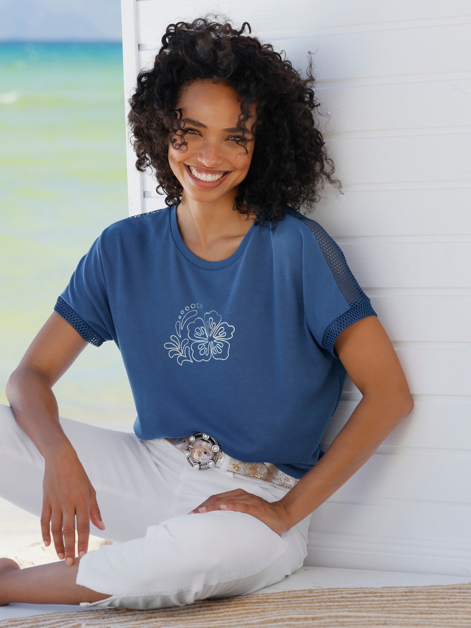 heine Kurzarmshirt mit Netzeinsätzen - jeansblau