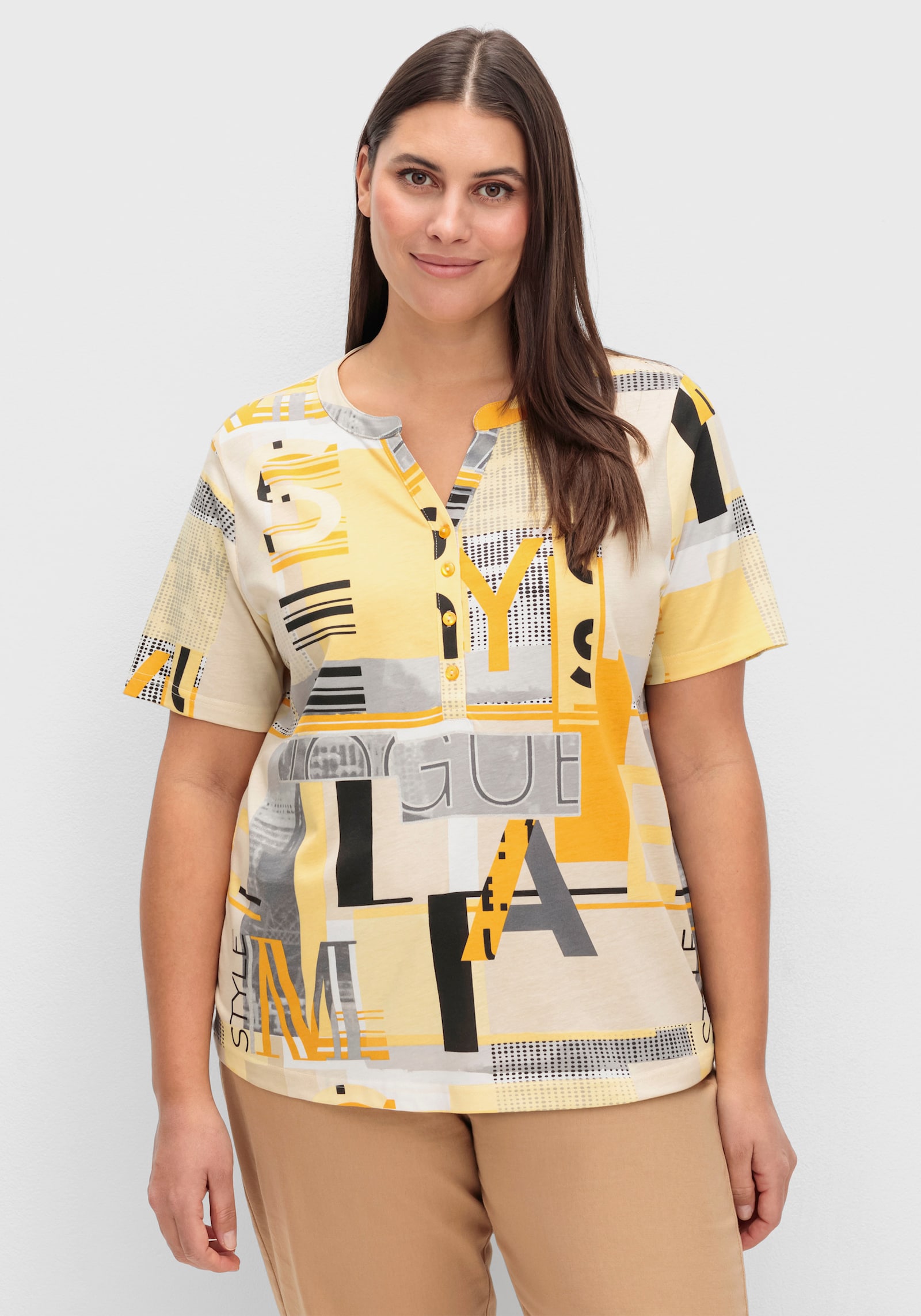 Kurzarmshirt im Baumwoll-Modal-Mix - ocker-sand-bedruckt