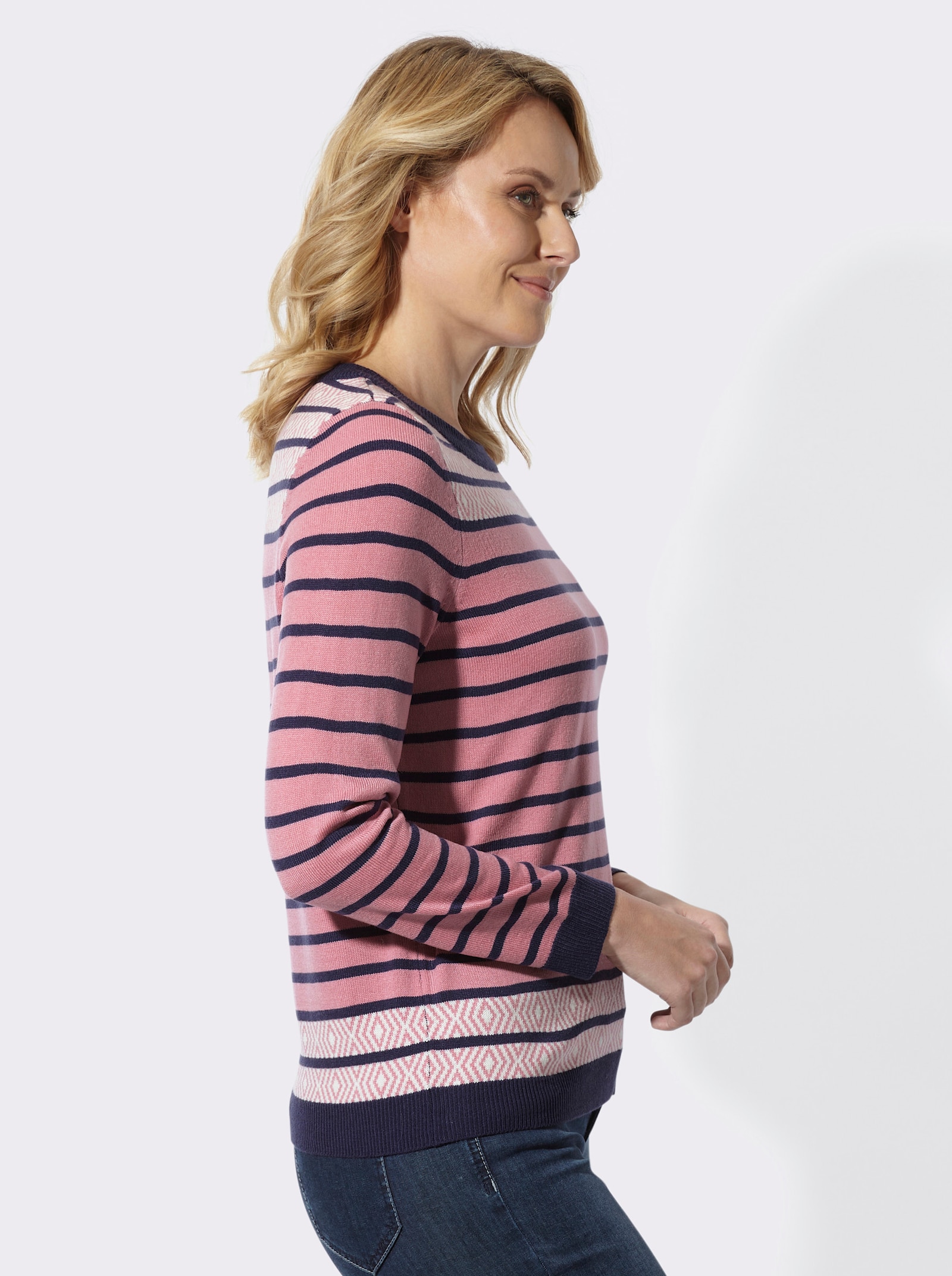 Streifenpullover mit Jacquard-Details - marine-altrosa-geringelt