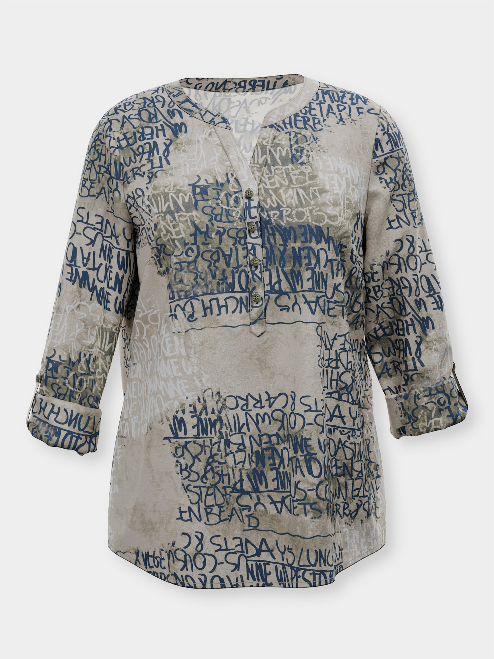 Druckbluse mit kurzer Knopfleiste - beige-dunkelblau-bedruckt
