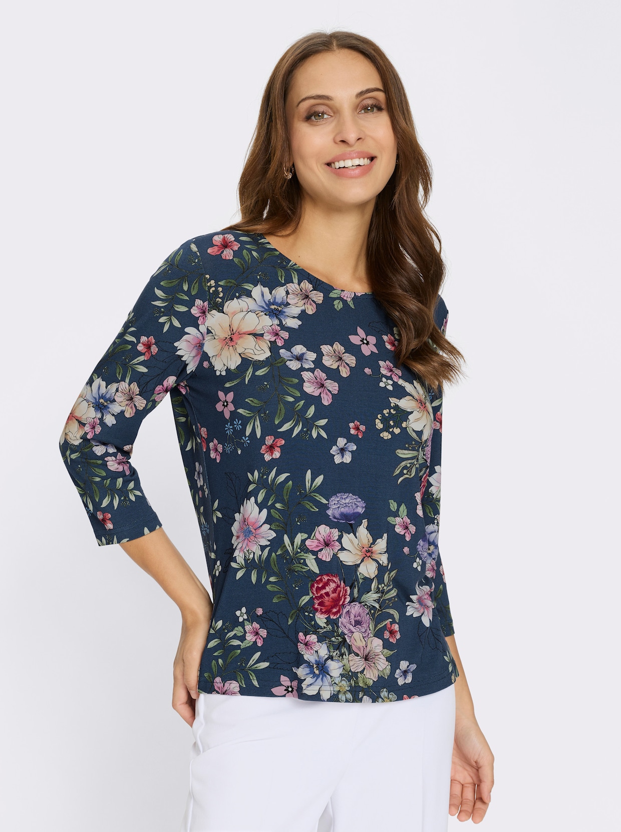Rundhalsshirt - dunkelblau-orchidee-bedruckt