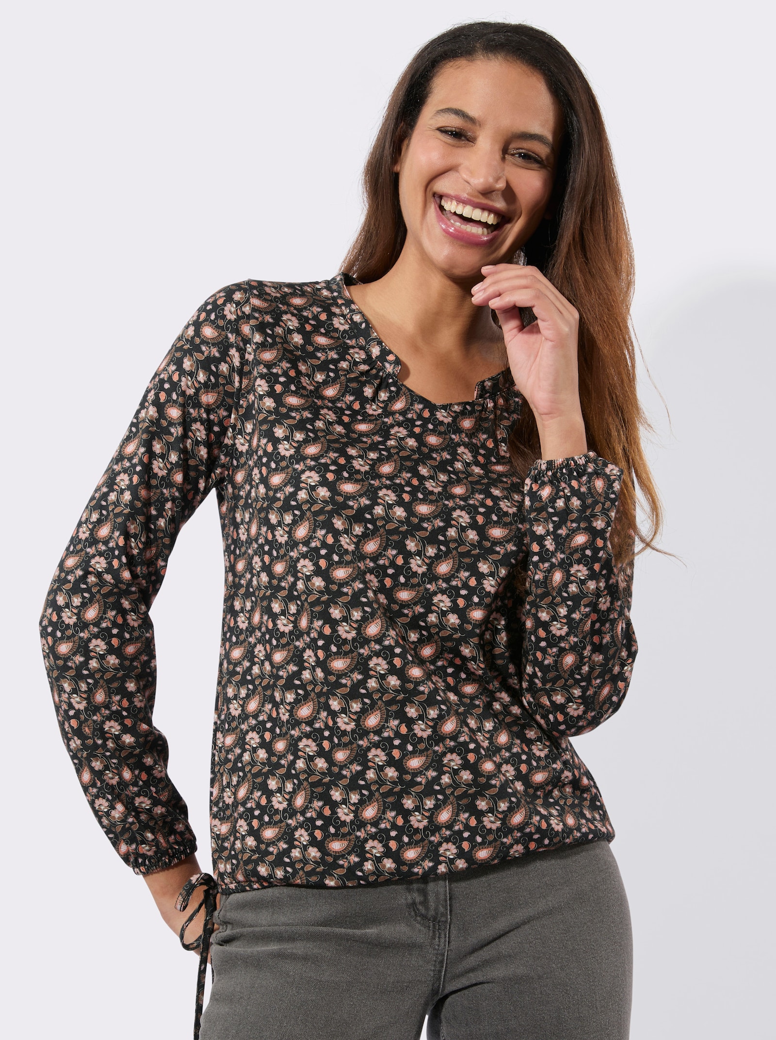 Print-Shirt mit Gummizug am Ärmel - schwarz-papaya-bedruckt