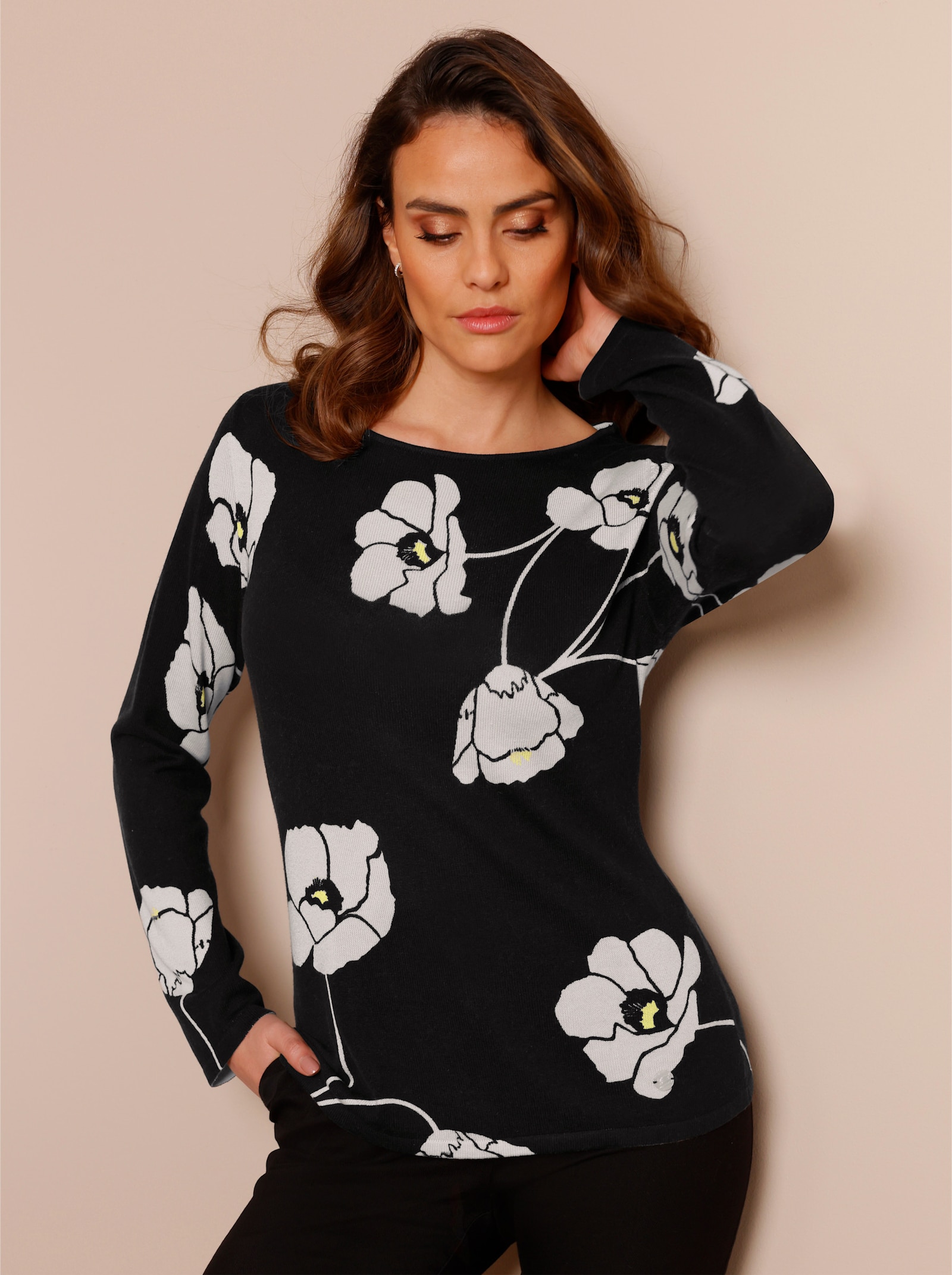 CREATION L PREMIUM Pullover van fijntricot in een mix van zijde en kasjmier - zwart/ecru geprint