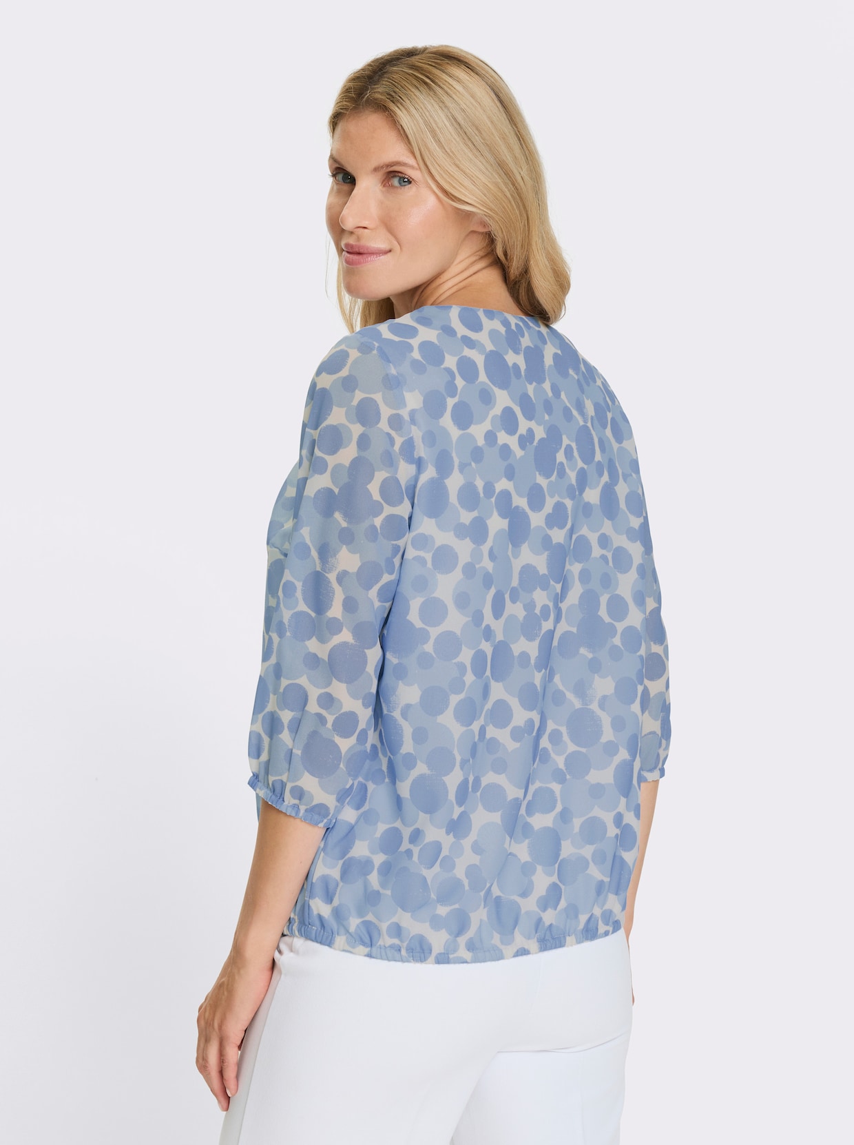 Schlupf-Bluse - ecru-himmelblau-bedruckt