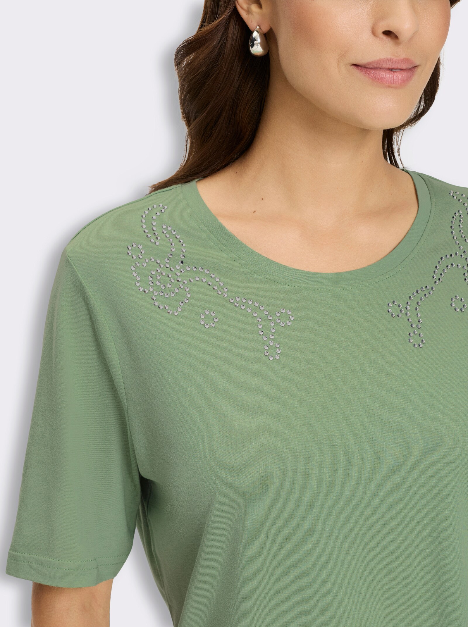 Kurzarmshirt mit Glitzersteinchen - eucalyptus