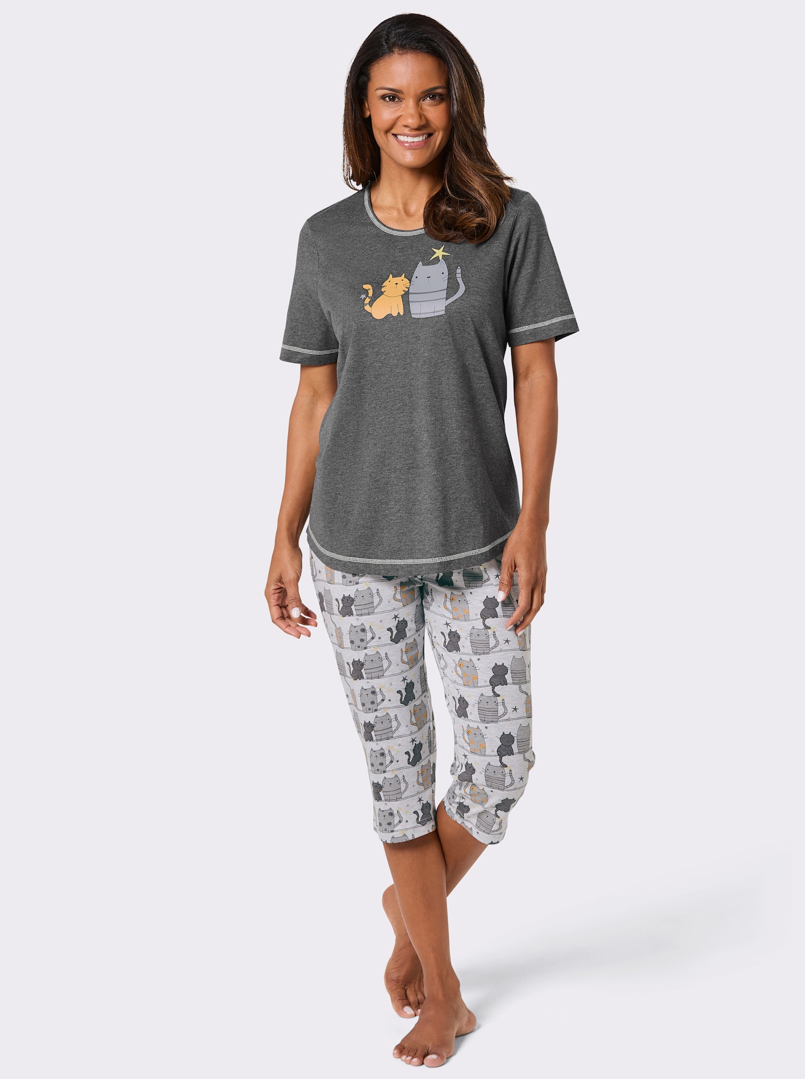 wäschepur Capri-pyjama met kattenprint - antraciet/grijs geprint