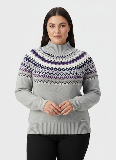 Stehkragenpullover im mehrfarbigen Norwegermuster - hellgrau-nachtblau-gemustert