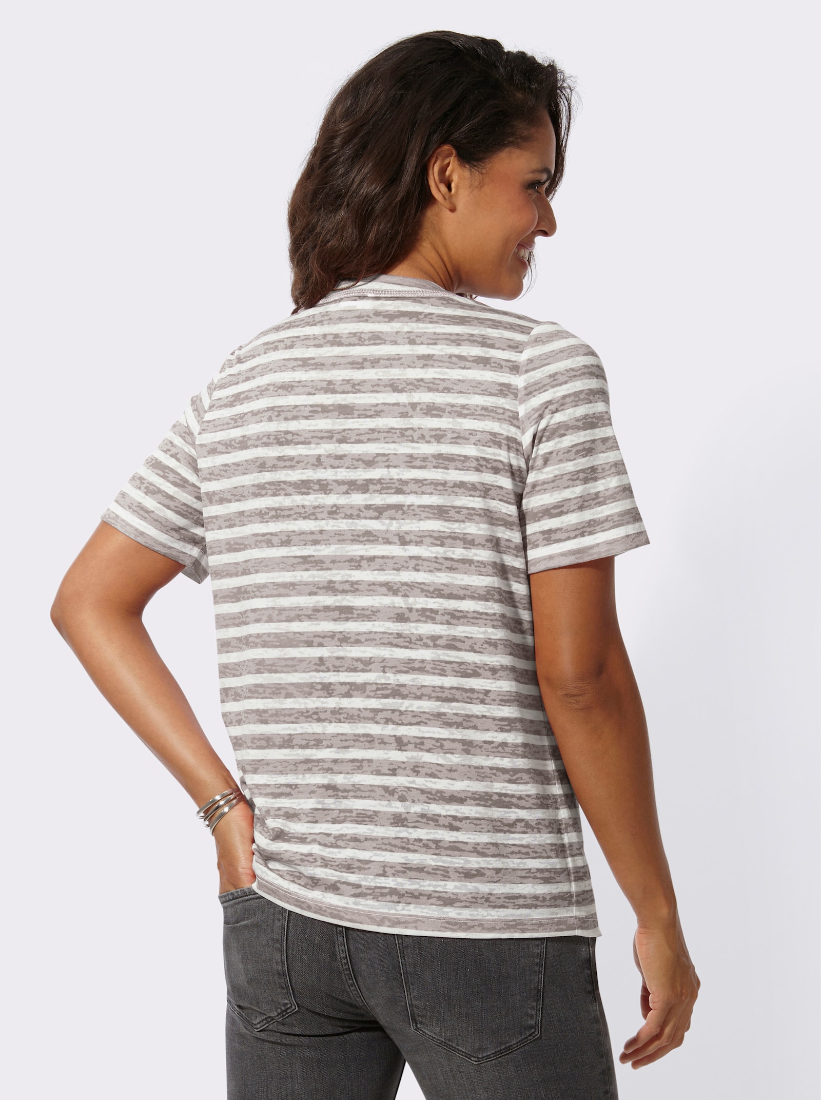 Shirtjacke mit kurzen Ärmeln, geringelt - taupe-ecru-geringelt