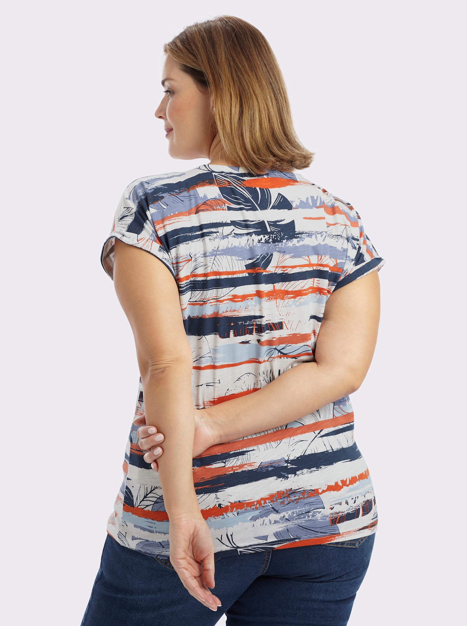 Print-Shirt mit vorne abgerundetem Saum - dunkelblau-papaya-bedruckt