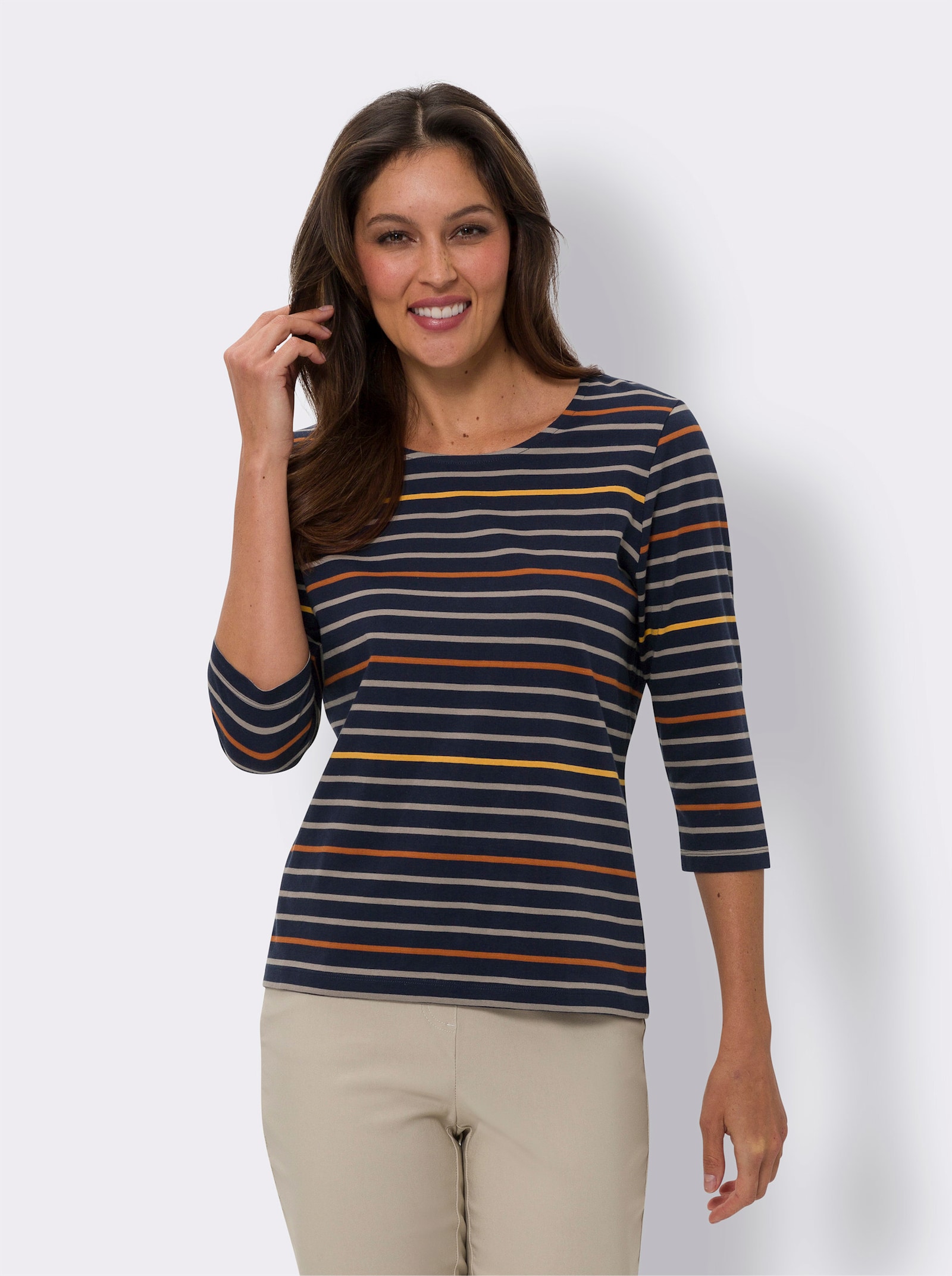 Gestreept shirt met 3/4-mouwen - marine/oker gestreept