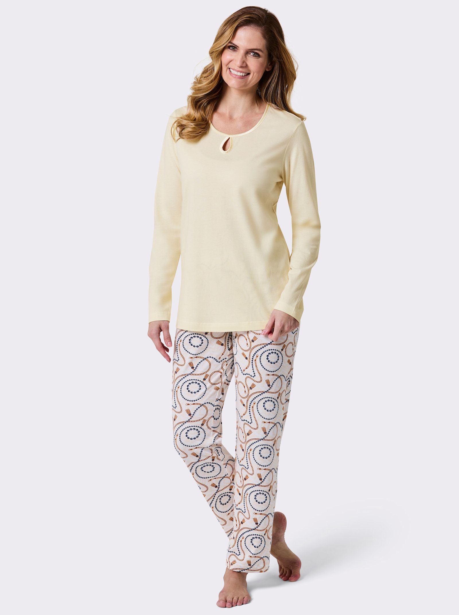 wäschepur Schlafanzug im Kettendessin - champagner-marine-bedruckt