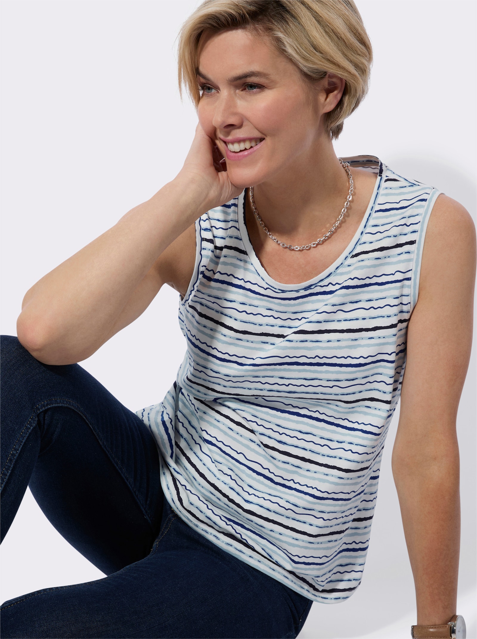 Shirttop paspelierte Abschlüsse - weiß-marine-bedruckt