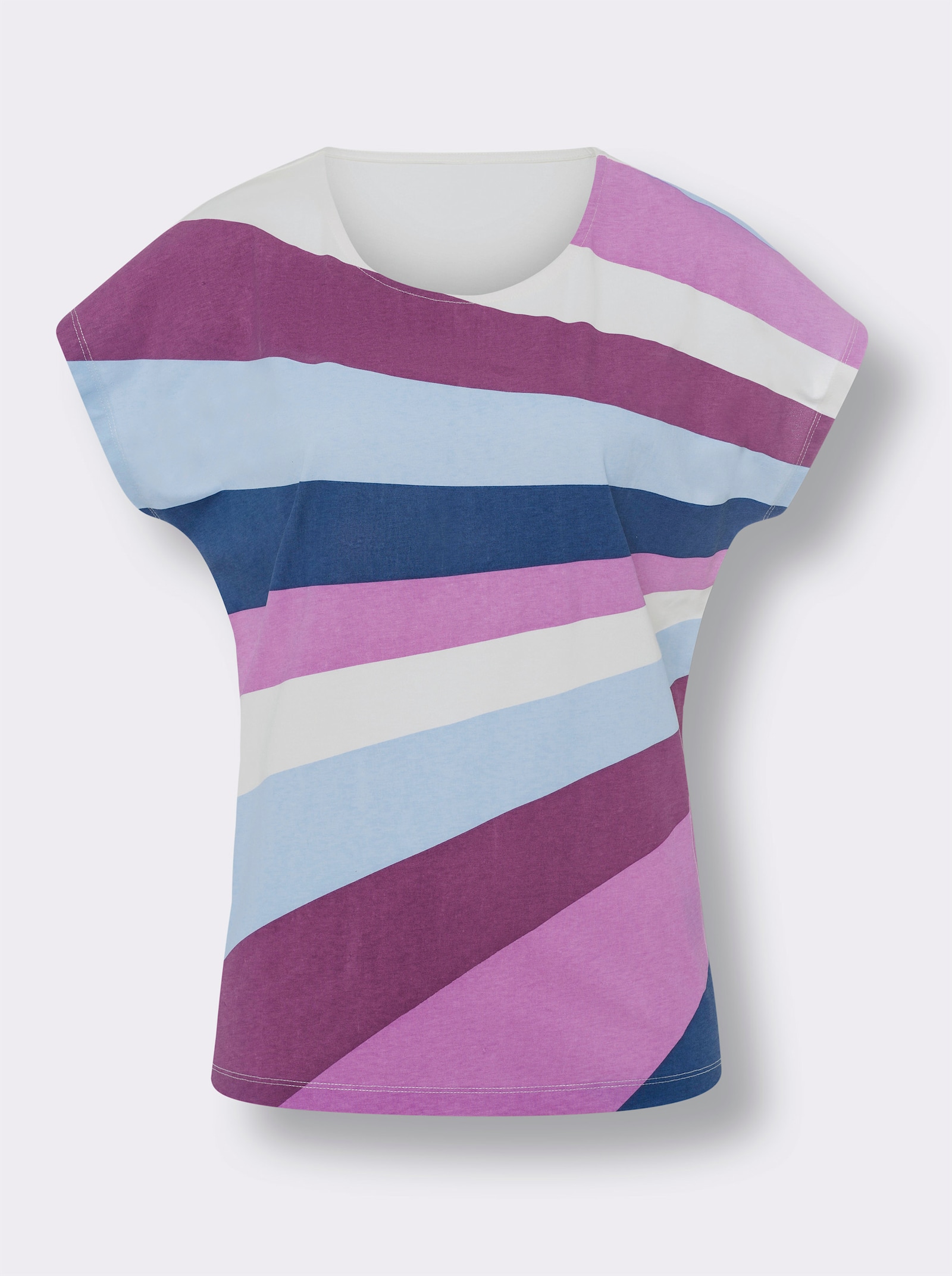 Topp m. rund hals, randigt tryck - ecru-orkidé, med tryck