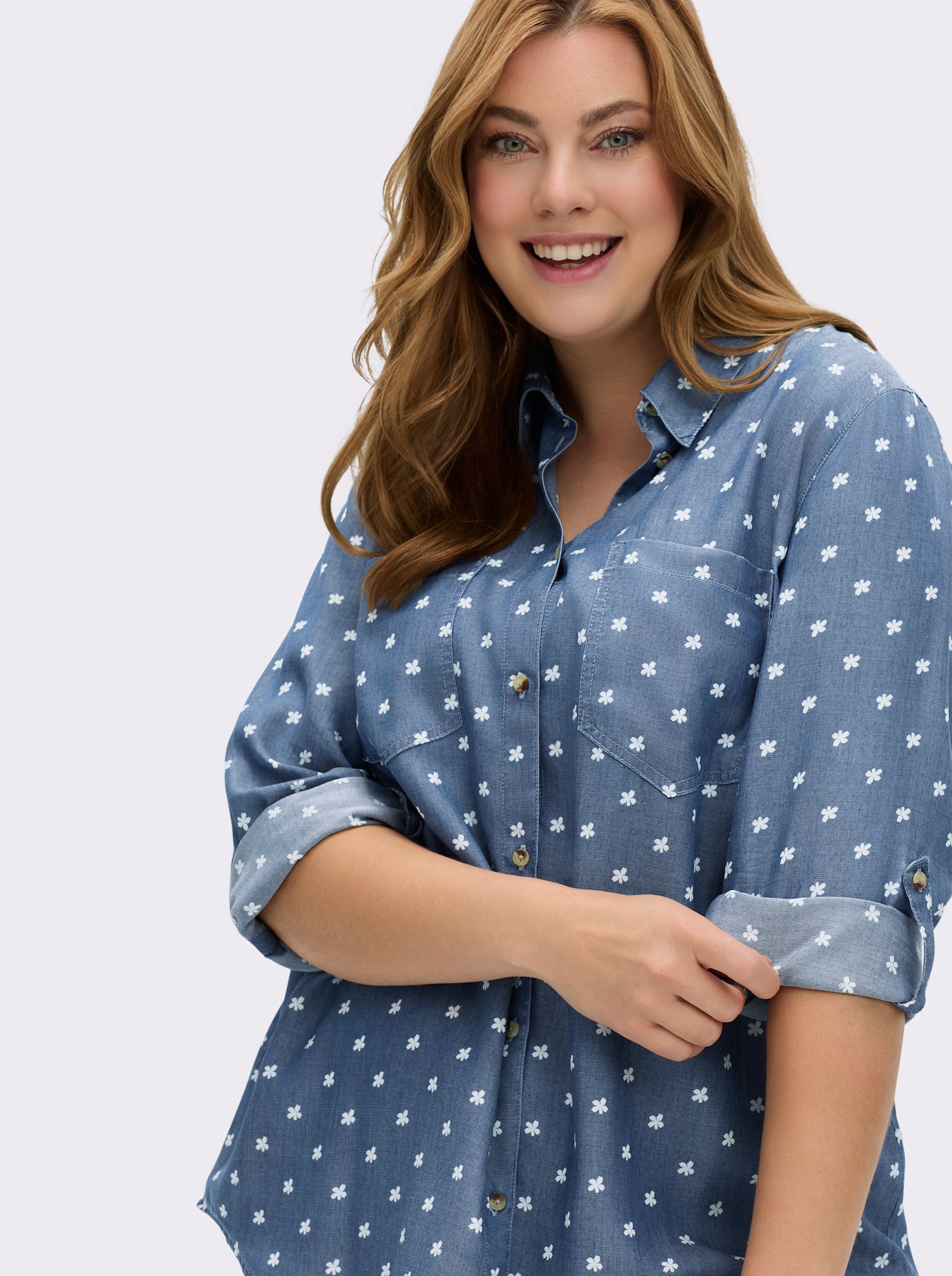 Hemdbluse mit krempelbaren Ärmeln - blue-bleached-bedruckt